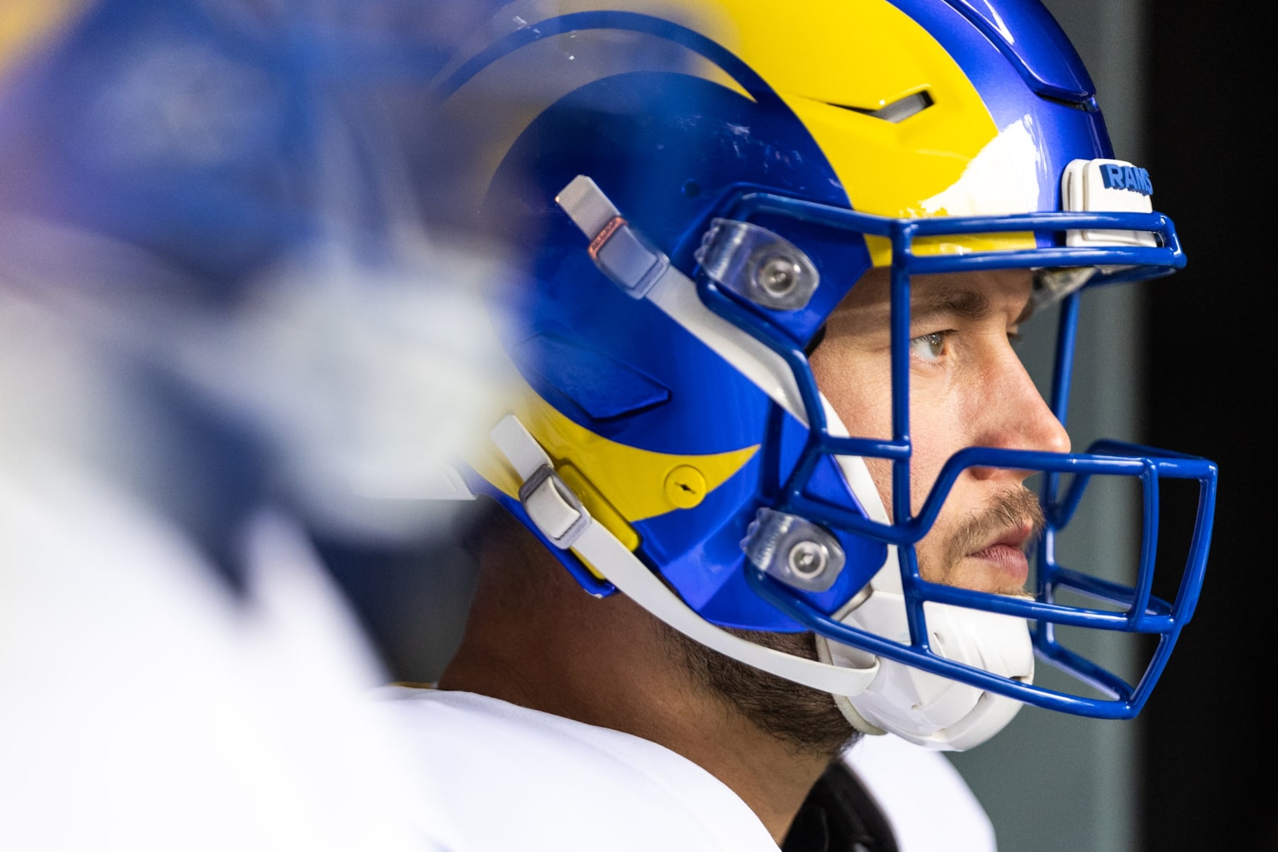 EAST RUTHERFORD, NEW JERSEY - DECEMBER 31: Matthew Stafford #9 of the Los Angeles Rams prepares to take the field before the game against the New York Giants at MetLife Stadium on December 31, 2023 in East Rutherford, New Jersey. (Photo by Dustin Satloff/Getty Images)