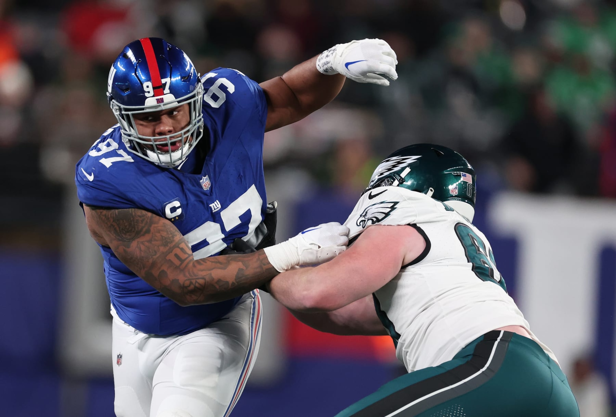 EAST RUTHERFORD, NEW JERSEY - JANUARY 07: Dexter Lawrence II #97 of the New York Giants in action against Jack Driscoll #63 of the Philadelphia Eagles during their game at MetLife Stadium on January 07, 2024 in East Rutherford, New Jersey. (Photo by Al Bello/Getty Images)