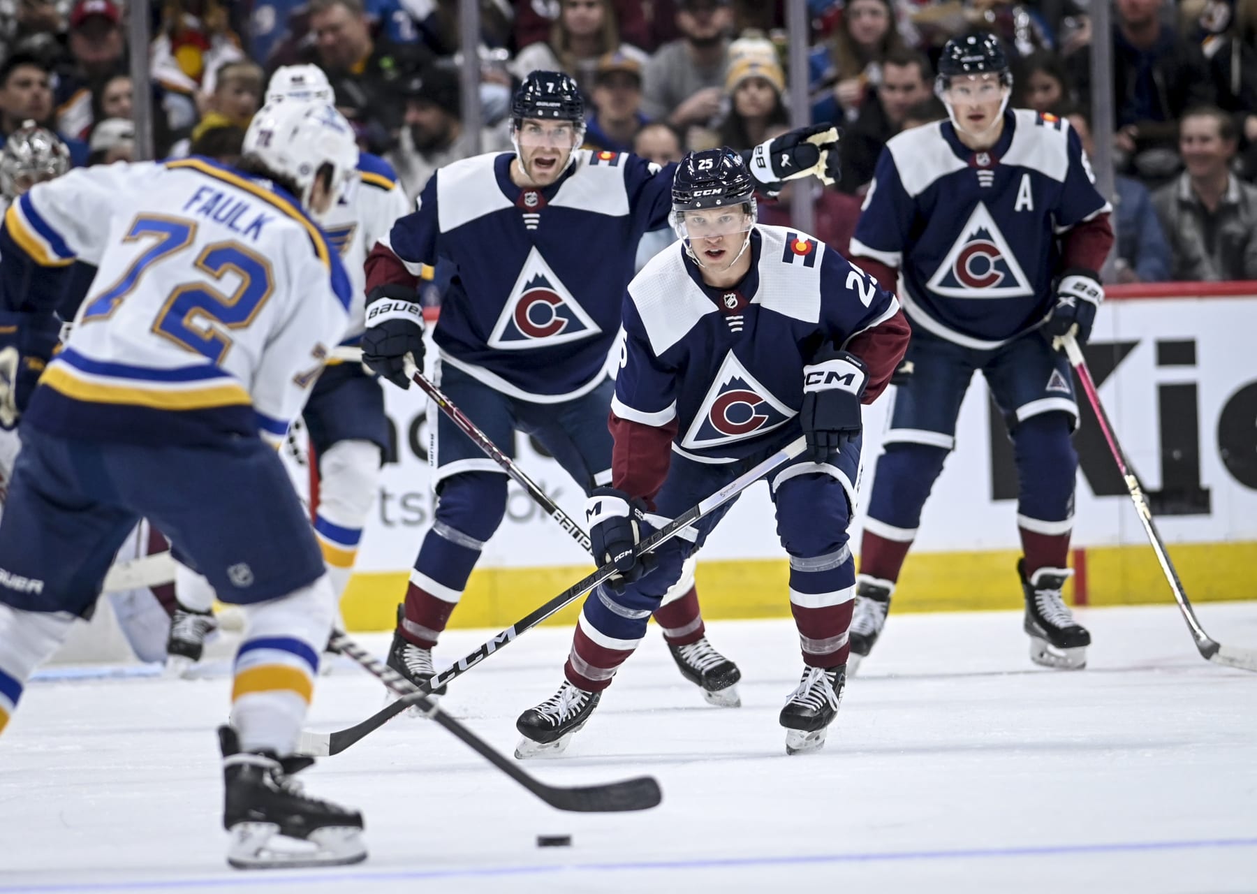 DENVER, CO - NOVEMBER 1: Colorado Avalanche players Devon Toews (7), Logan O'Connor (25) and Cale Makar (8) defend Justin Faulk (72) of the St. Louis Blues during the first period at Ball Arena in Denver on Wednesday, November 1, 2023. (Photo by AAron Ontiveroz/The Denver Post)