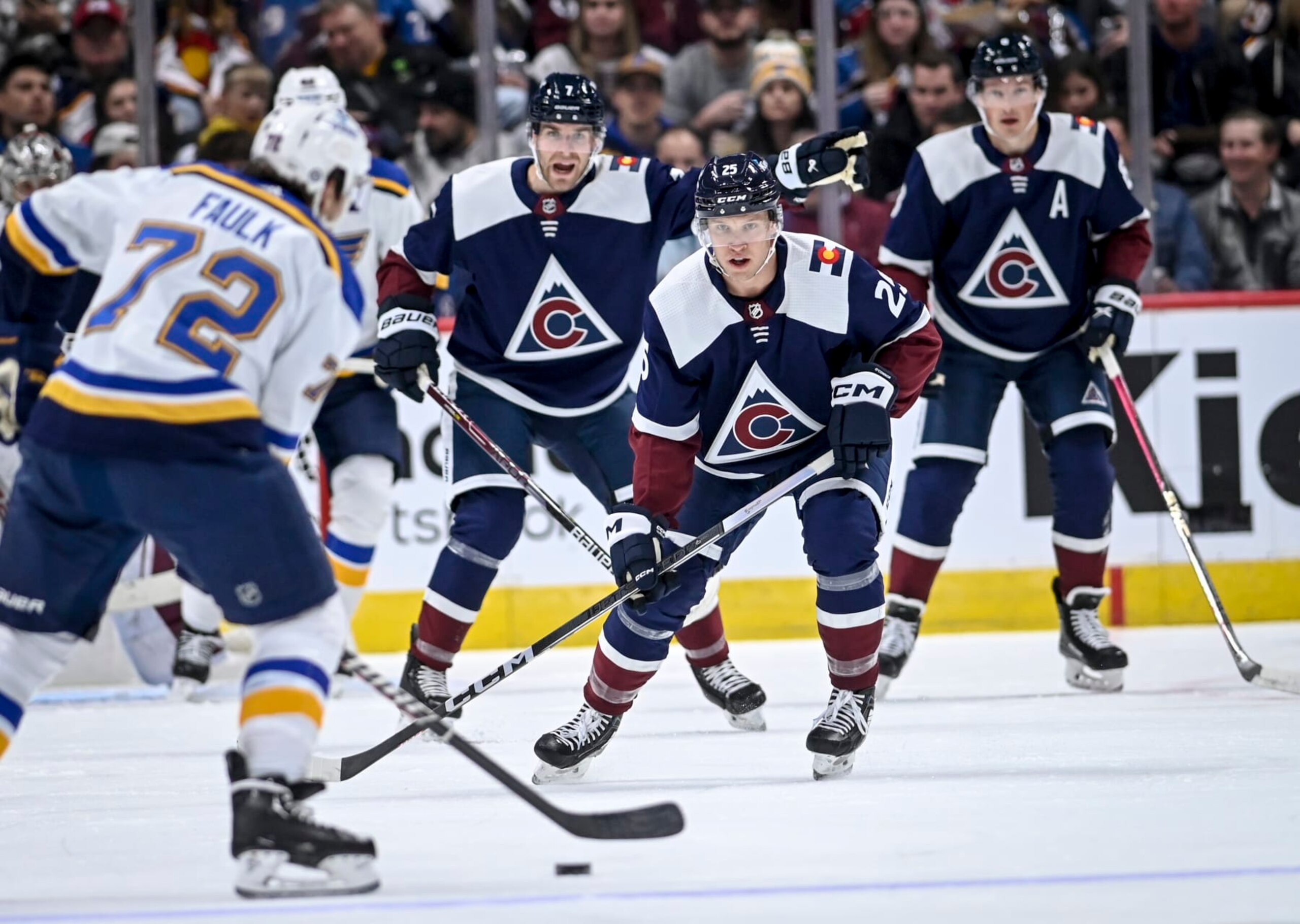 DENVER, CO - NOVEMBER 1: Colorado Avalanche players Devon Toews (7), Logan O'Connor (25) and Cale Makar (8) defend Justin Faulk (72) of the St. Louis Blues during the first period at Ball Arena in Denver on Wednesday, November 1, 2023. (Photo by AAron Ontiveroz/The Denver Post)