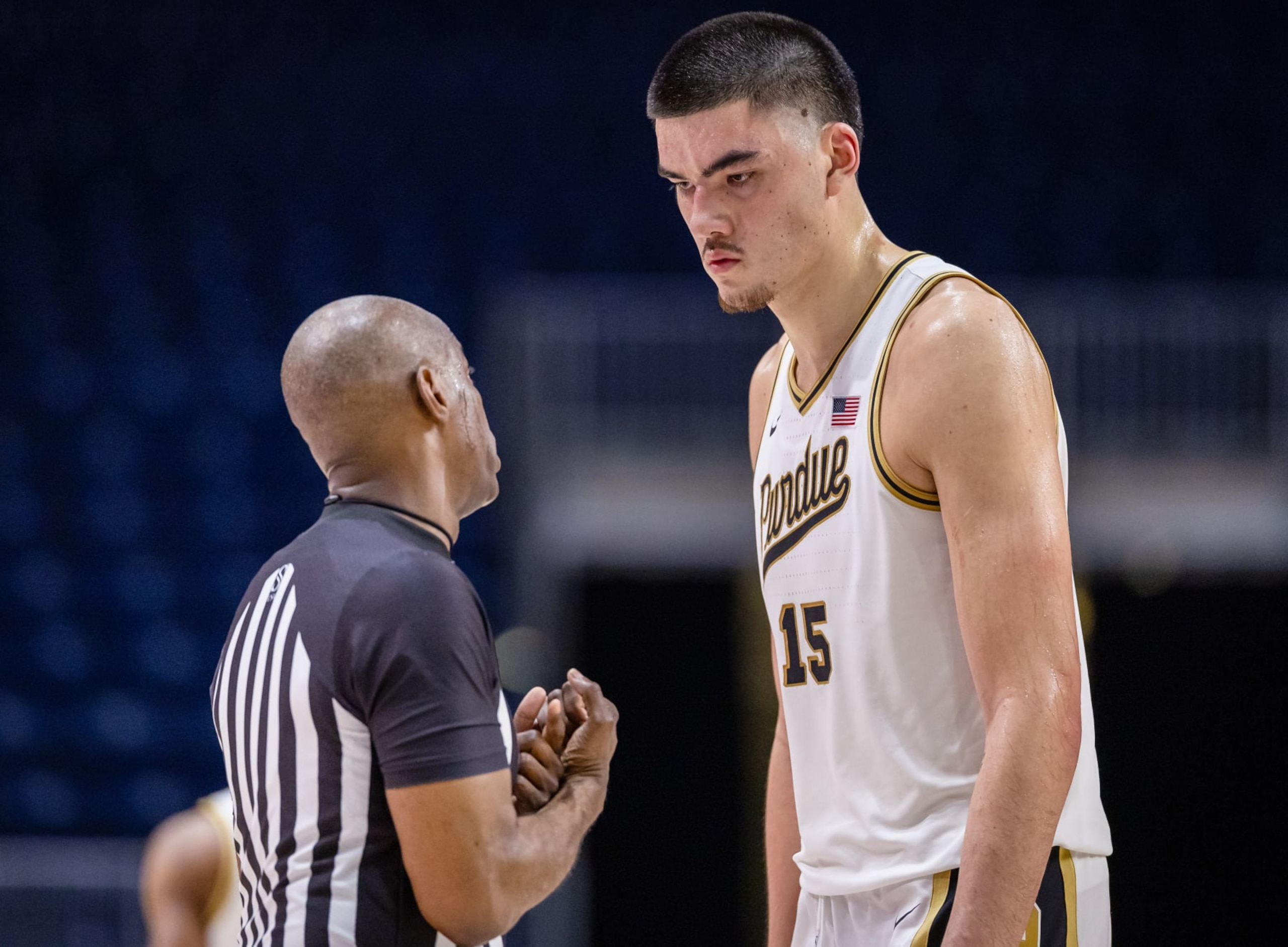 TORONTO, CANADA - DECEMBER 9: Zach Edey #15 of the Purdue Boilermakers listens to a referee during the game against the Alabama Crimson Tide in the Naismith Hall of Fame Series at Coca-Cola Coliseum on December 9, 2023 in Toronto, Canada. (Photo by Michael Hickey/Getty Images)