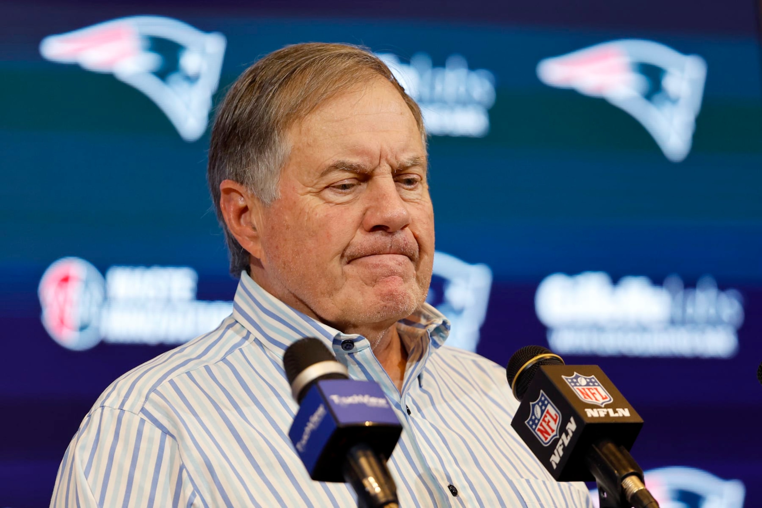 FOXBOROUGH, MASSACHUSETTS - JANUARY 07: New England Patriots head coach Bill Belichick speaks during a press conference after a game against the New York Jets at Gillette Stadium on January 07, 2024 in Foxborough, Massachusetts. (Photo by Winslow Townson/Getty Images)