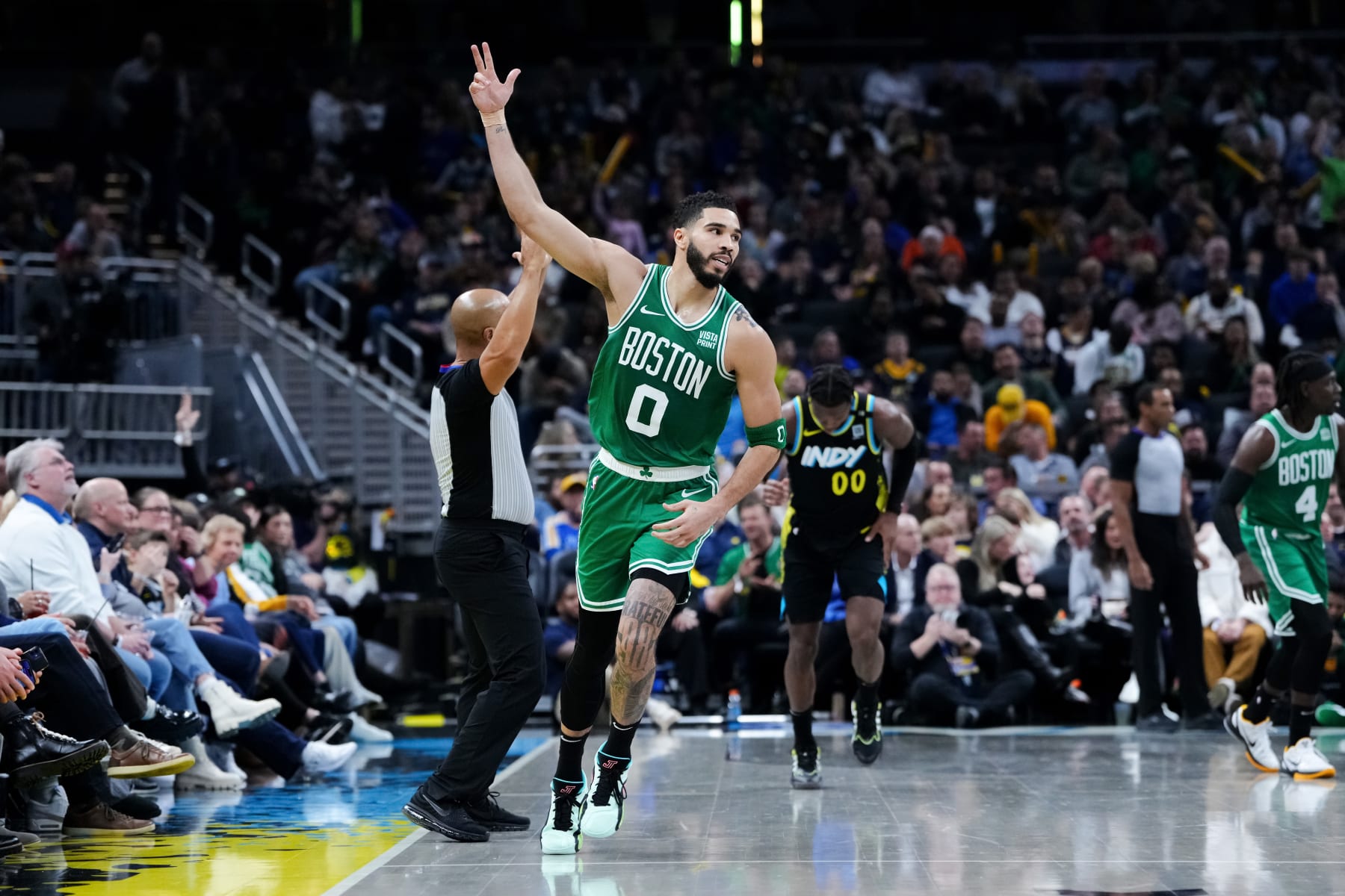 INDIANAPOLIS, INDIANA - JANUARY 06: Jayson Tatum #0 of the Boston Celtics celebrates after making a shot in the second quarter against the Indiana Pacers at Gainbridge Fieldhouse on January 06, 2024 in Indianapolis, Indiana. NOTE TO USER: User expressly acknowledges and agrees that, by downloading and or using this photograph, User is consenting to the terms and conditions of the Getty Images License Agreement. (Photo by Dylan Buell/Getty Images)
