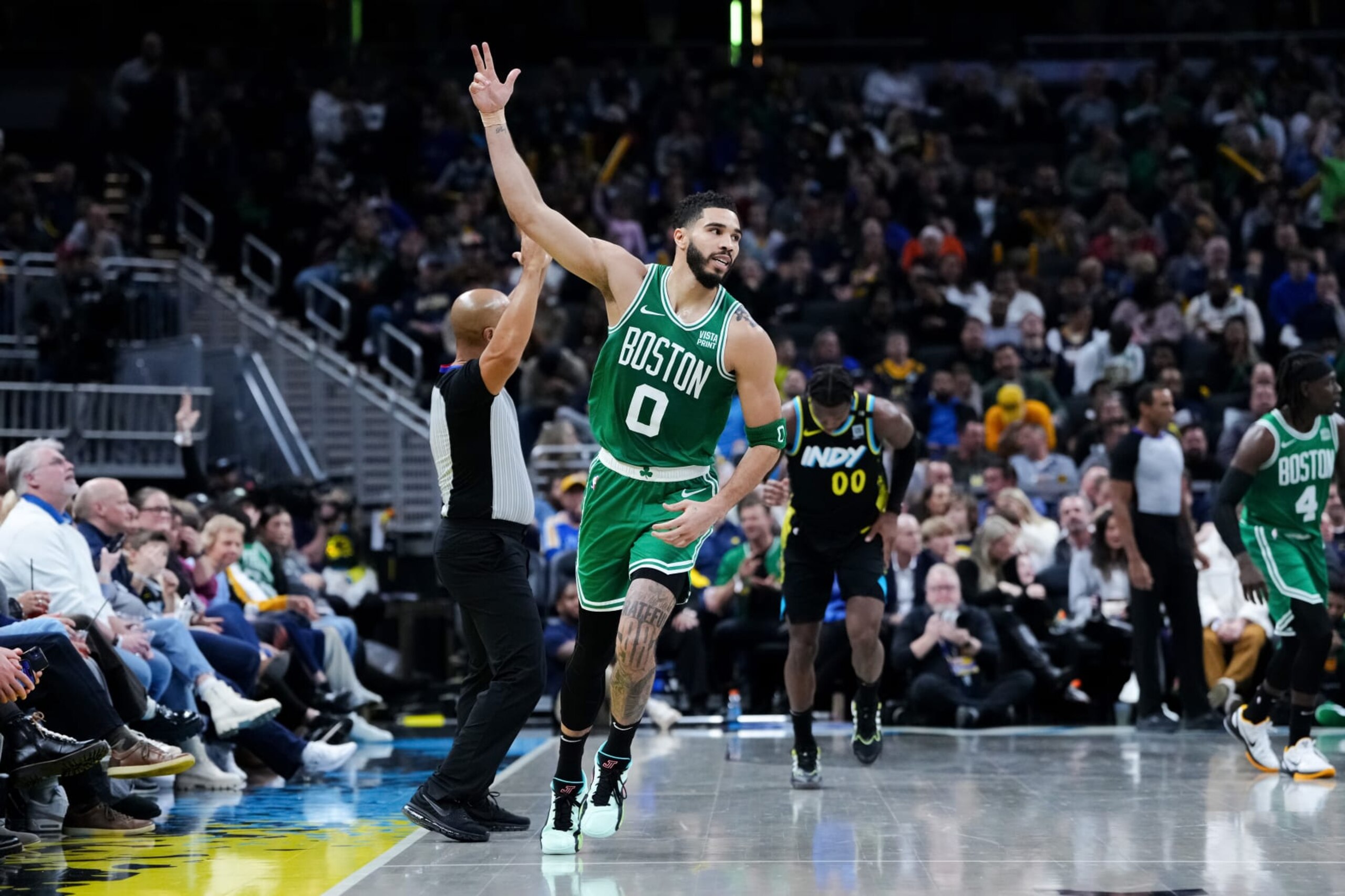 INDIANAPOLIS, INDIANA - JANUARY 06: Jayson Tatum #0 of the Boston Celtics celebrates after making a shot in the second quarter against the Indiana Pacers at Gainbridge Fieldhouse on January 06, 2024 in Indianapolis, Indiana. NOTE TO USER: User expressly acknowledges and agrees that, by downloading and or using this photograph, User is consenting to the terms and conditions of the Getty Images License Agreement. (Photo by Dylan Buell/Getty Images) INDIANAPOLIS, INDIANA - JANUARY 06: Jayson Tatum #0 of the Boston Celtics celebrates after making a shot in the second quarter against the Indiana Pacers at Gainbridge Fieldhouse on January 06, 2024 in Indianapolis, Indiana. NOTE TO USER: User expressly acknowledges and agrees that, by downloading and or using this photograph, User is consenting to the terms and conditions of the Getty Images License Agreement. (Photo by Dylan Buell/Getty Images)