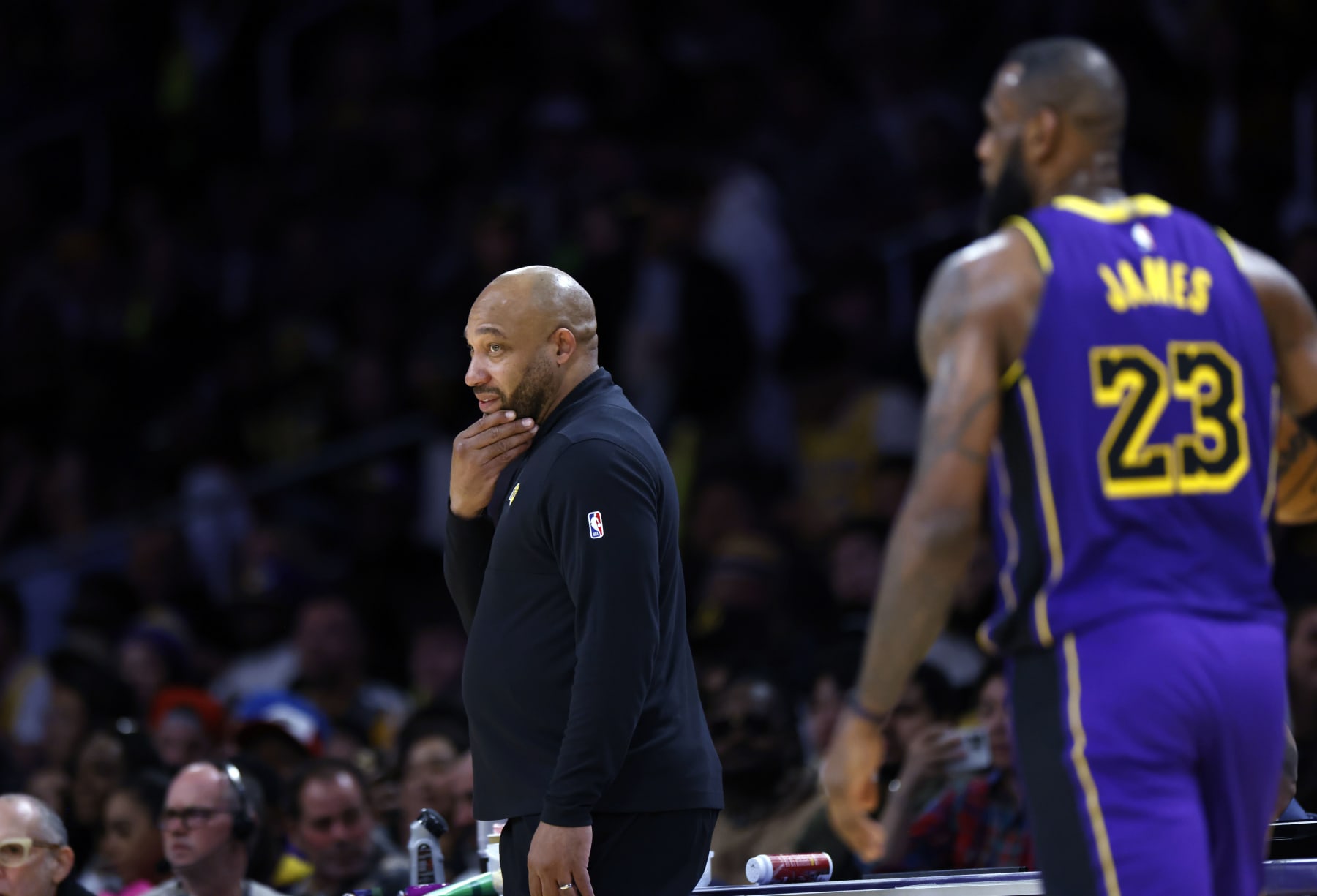 LOS ANGELES, CALIFORNIA - JANUARY 5: Head coach Darvin Ham reacts to a turn over as LeBron James #23 of the Los Angeles Lakers walks away during the second half of the game against Memphis Grizzlies at Crypto.com Arena on January 5, 2024 in Los Angeles, California. NOTE TO USER: User expressly acknowledges and agrees that, by downloading and or using this photograph, User is consenting to the terms and conditions of the Getty Images License Agreement. (Photo by Kevork Djansezian/Getty Images)