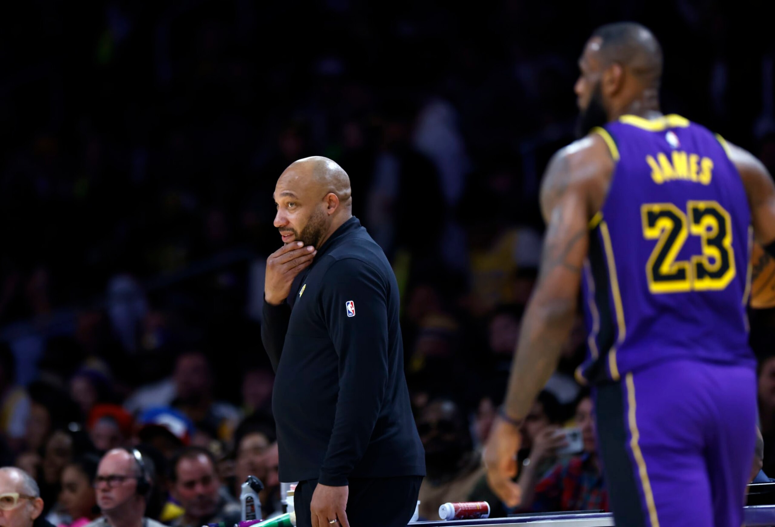 LOS ANGELES, CALIFORNIA - JANUARY 5: Head coach Darvin Ham reacts to a turn over as LeBron James #23 of the Los Angeles Lakers walks away during the second half of the game against Memphis Grizzlies at Crypto.com Arena on January 5, 2024 in Los Angeles, California. NOTE TO USER: User expressly acknowledges and agrees that, by downloading and or using this photograph, User is consenting to the terms and conditions of the Getty Images License Agreement. (Photo by Kevork Djansezian/Getty Images)