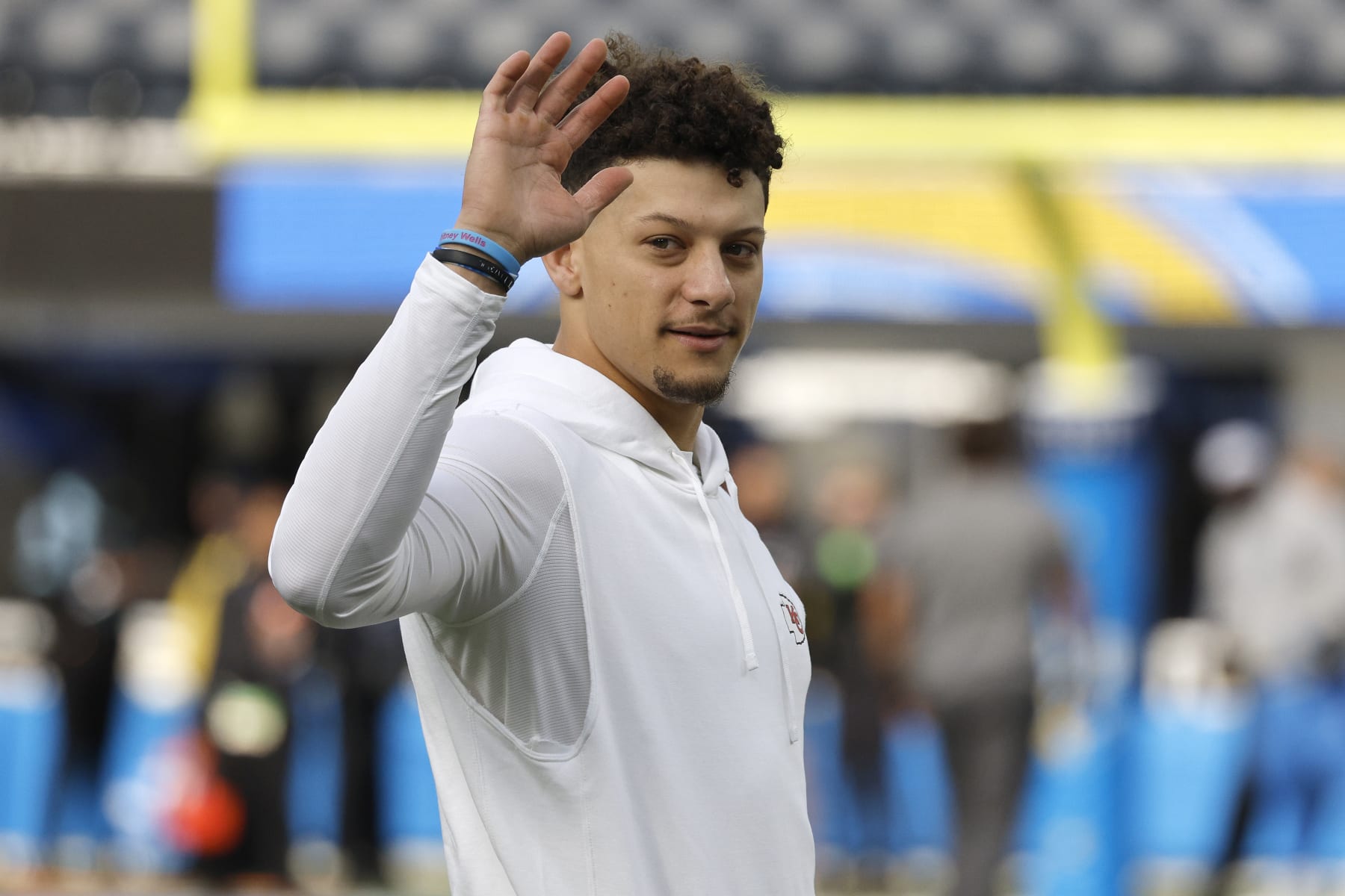 INGLEWOOD, CALIFORNIA - JANUARY 07: Patrick Mahomes #15 of the Kansas City Chiefs looks on before the game against the Los Angeles Chargers at SoFi Stadium on January 07, 2024 in Inglewood, California. (Photo by Kevork Djansezian/Getty Images)