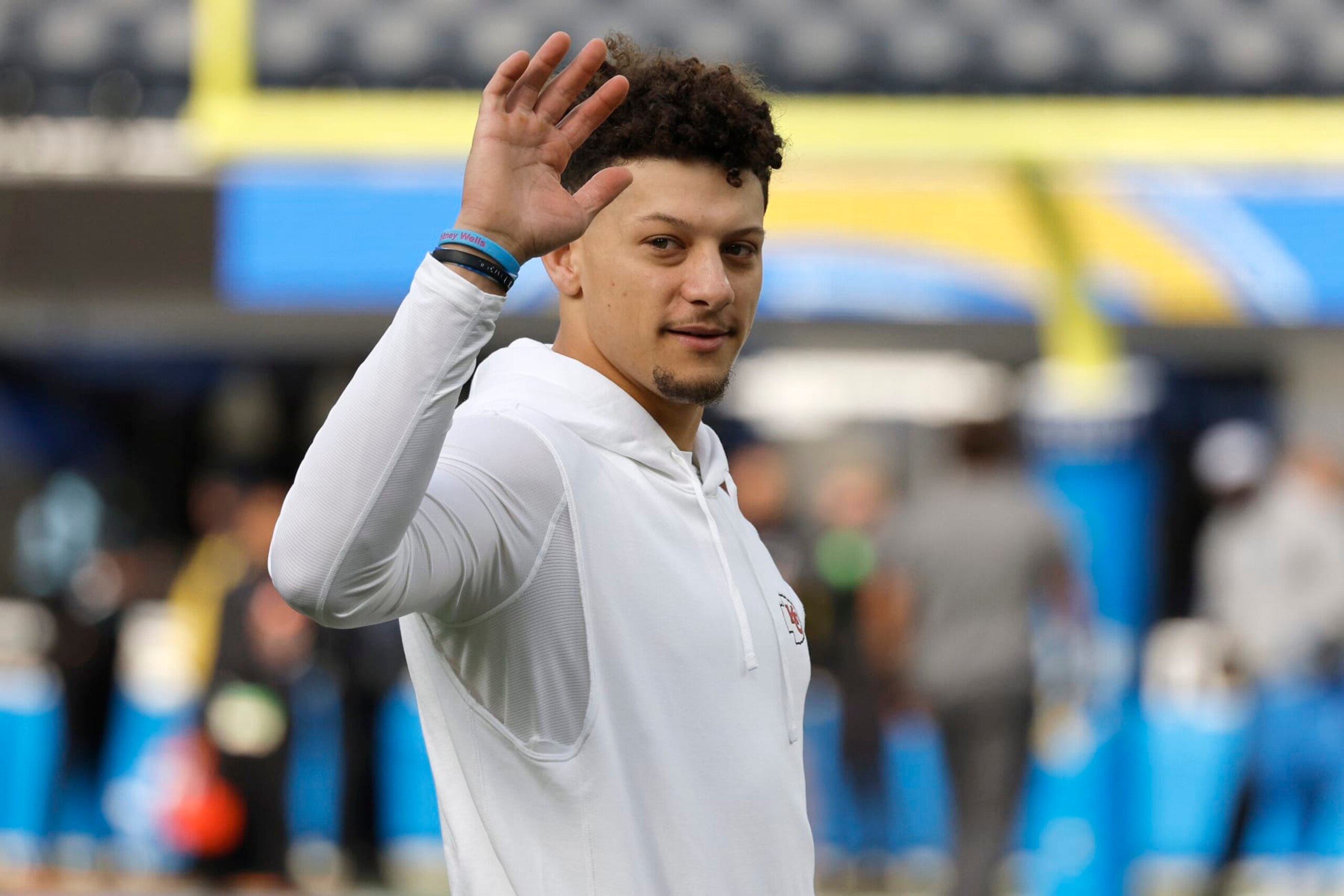 INGLEWOOD, CALIFORNIA - JANUARY 07: Patrick Mahomes #15 of the Kansas City Chiefs looks on before the game against the Los Angeles Chargers at SoFi Stadium on January 07, 2024 in Inglewood, California. (Photo by Kevork Djansezian/Getty Images)