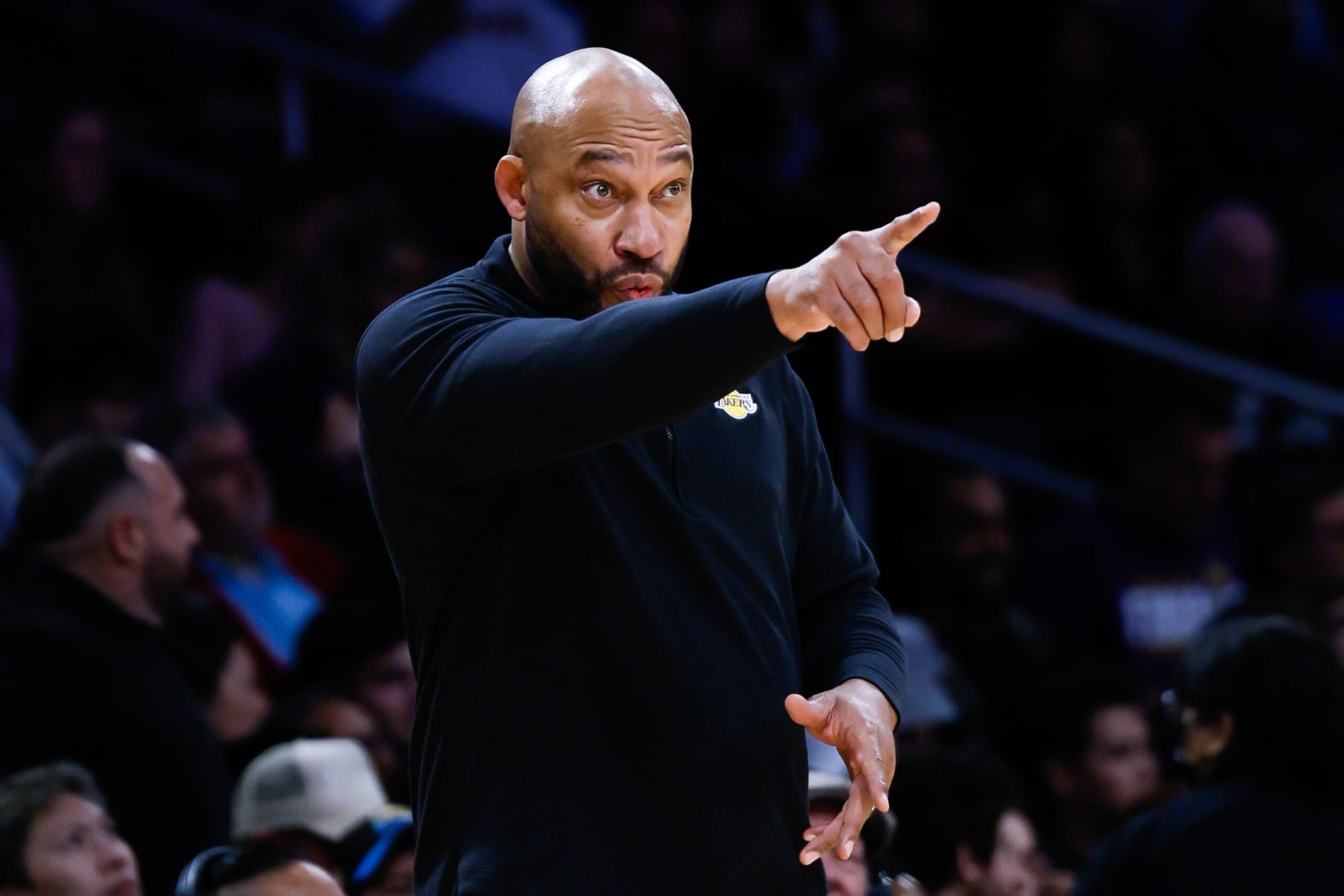 LOS ANGELES, CA - JANUARY 07: Los Angeles Lakers head coach Darvin Ham points to his team from the sideline against the LA Clippers during the first half at Crypto.com Arena in Los Angeles Sunday, Jan. 7, 2024.  (Allen J. Schaben / Los Angeles Times via Getty Images)