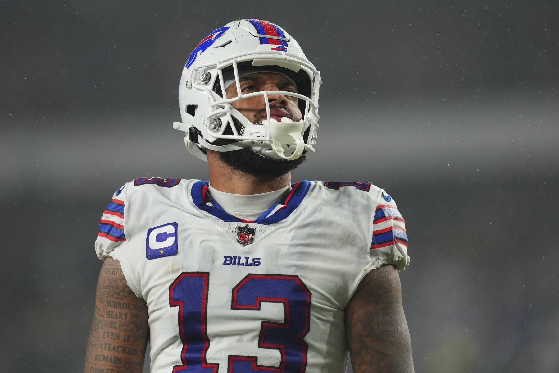 PHILADELPHIA, PENNSYLVANIA - NOVEMBER 26: Gabe Davis #13 of the Buffalo Bills looks on against the Philadelphia Eagles at Lincoln Financial Field on November 26, 2023 in Philadelphia, Pennsylvania. (Photo by Mitchell Leff/Getty Images)
