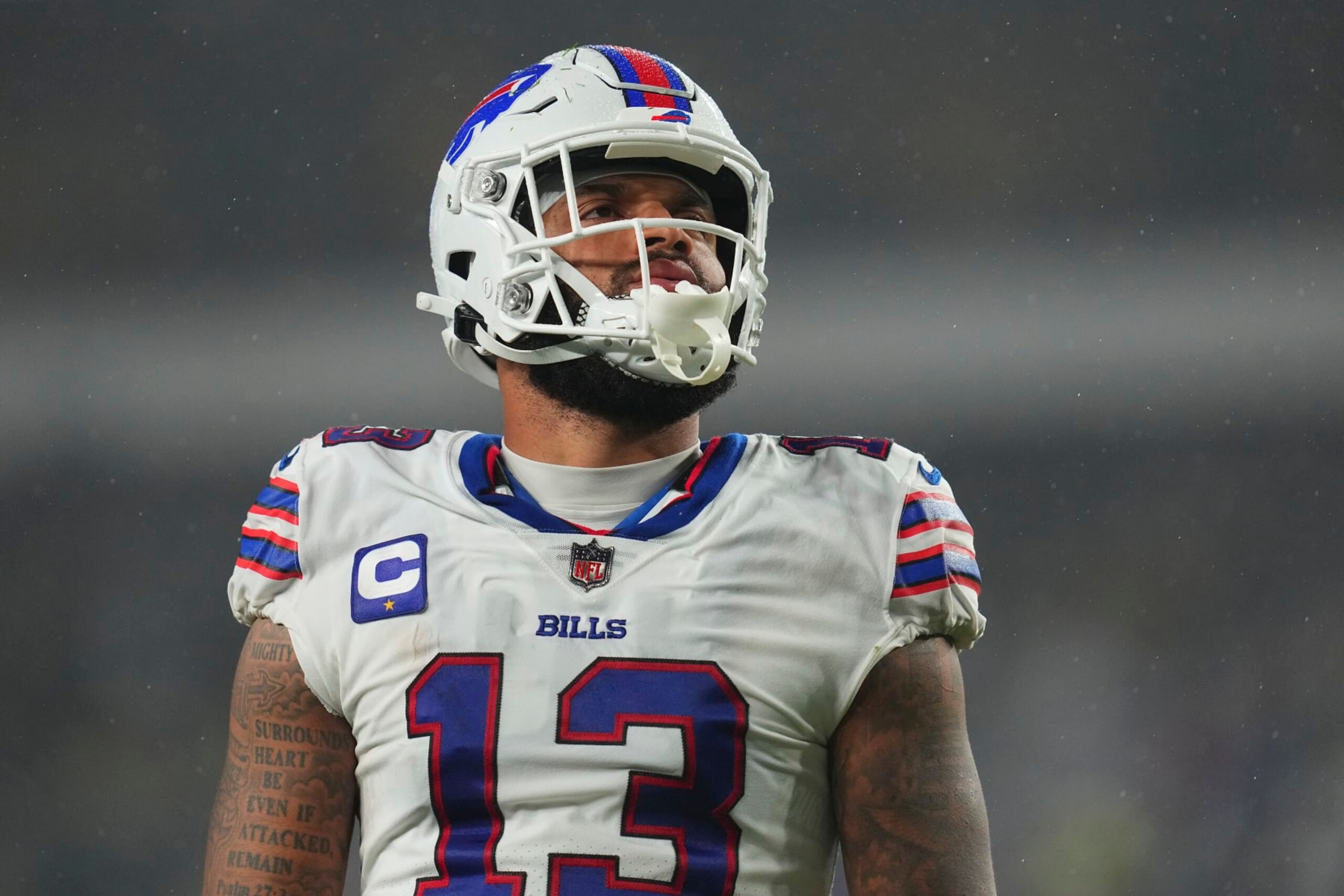 PHILADELPHIA, PENNSYLVANIA - NOVEMBER 26: Gabe Davis #13 of the Buffalo Bills looks on against the Philadelphia Eagles at Lincoln Financial Field on November 26, 2023 in Philadelphia, Pennsylvania. (Photo by Mitchell Leff/Getty Images)