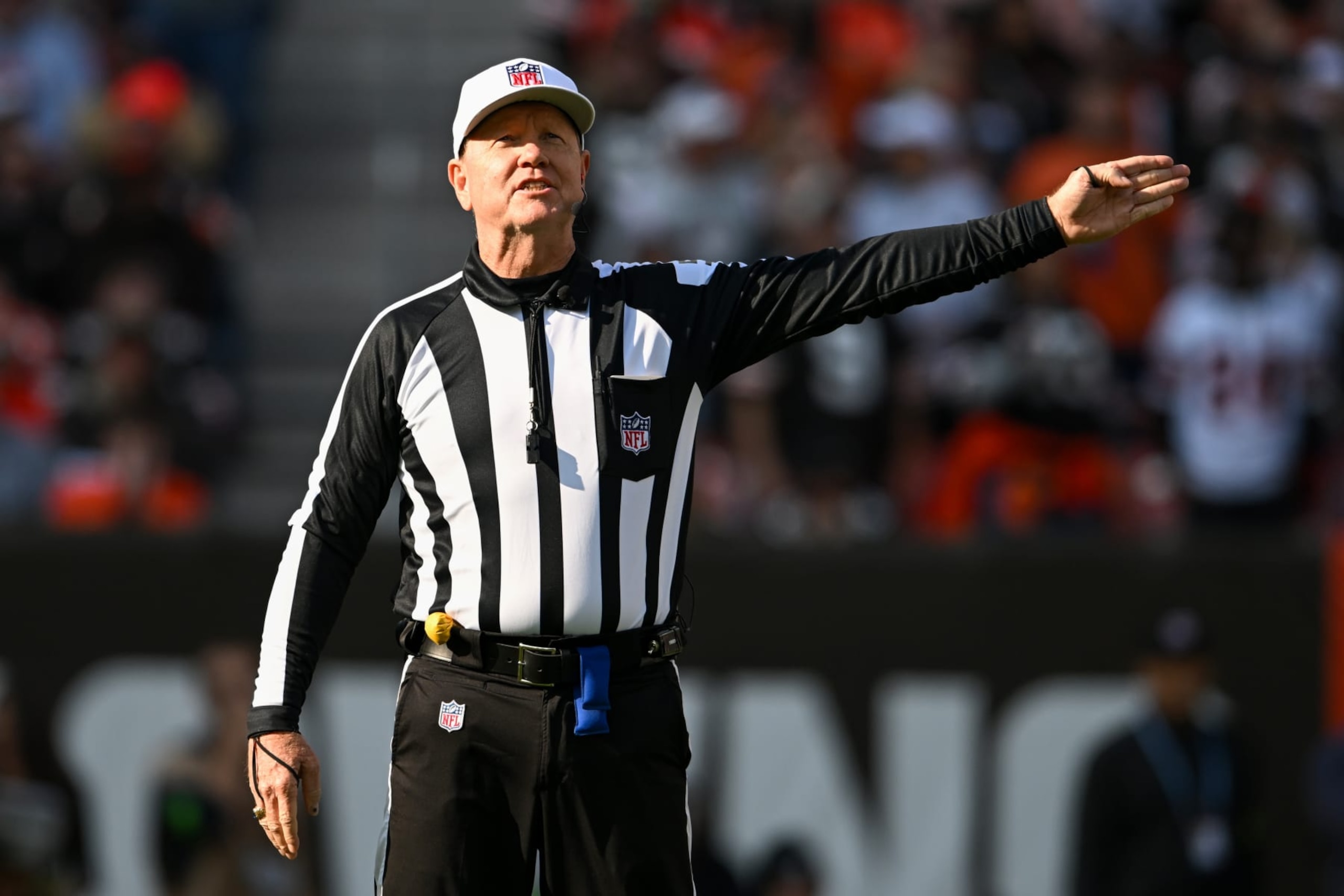 CLEVELAND, OHIO - NOVEMBER 05: Referee Carl Cheffers calls a defensive penalty during the first half between the Arizona Cardinals and the Cleveland Browns at Cleveland Browns Stadium on November 05, 2023 in Cleveland, Ohio. (Photo by Nick Cammett/Diamond Images via Getty Images)