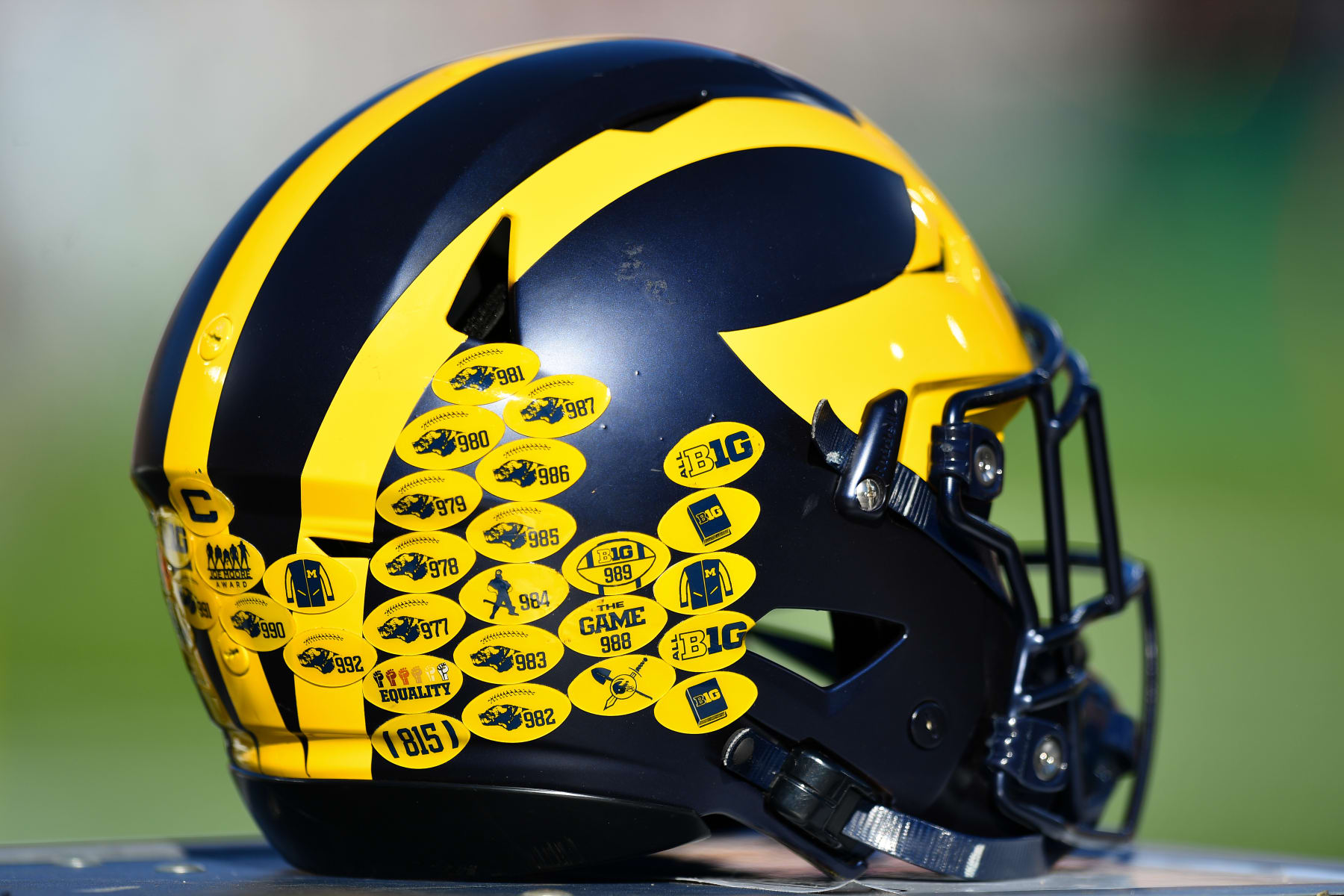 PASADENA, CA - JANUARY 01: A Michigan Wolverines helmet on the sideline during the Alabama Crimson Tide game versus the Michigan Wolverines CFP Semifinal at the Rose Bowl Game on January, 1, 2024, at the Rose Bowl Stadium in Pasadena, CA. (Photo by Brian Rothmuller/Icon Sportswire via Getty Images)