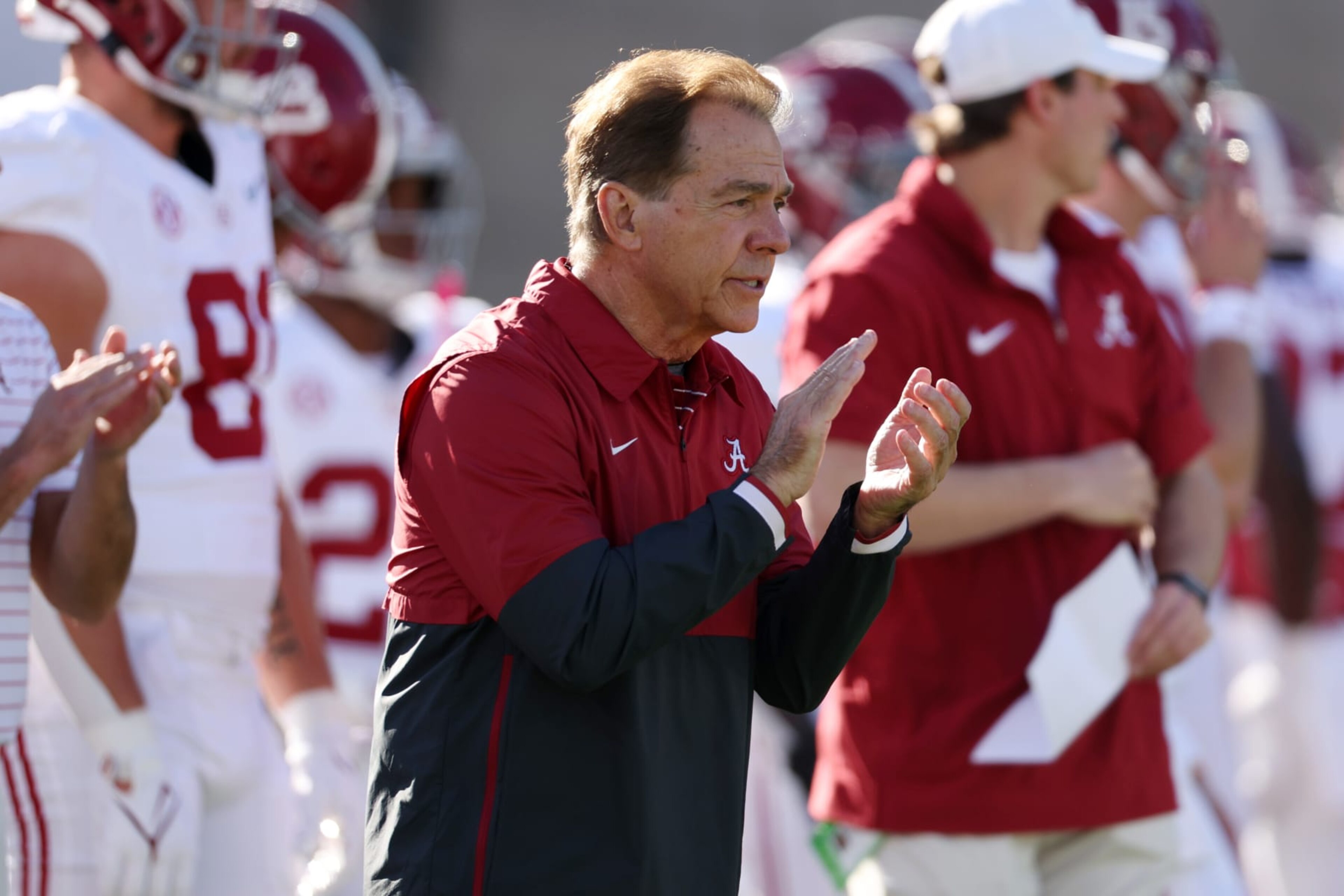PASADENA, CALIFORNIA - JANUARY 01: Head coach Nick Saban of the Alabama Crimson Tide before the CFP Semifinal Rose Bowl Game against the Michigan Wolverines at Rose Bowl Stadium on January 01, 2024 in Pasadena, California. (Photo by Harry How/Getty Images) PASADENA, CALIFORNIA - JANUARY 01: Head coach Nick Saban of the Alabama Crimson Tide before the CFP Semifinal Rose Bowl Game against the Michigan Wolverines at Rose Bowl Stadium on January 01, 2024 in Pasadena, California. (Photo by Harry How/Getty Images)