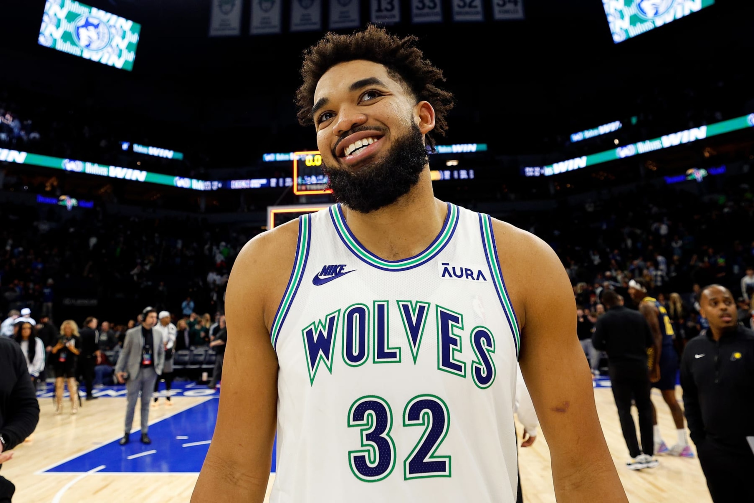 MINNEAPOLIS, MINNESOTA - DECEMBER 16: Karl-Anthony Towns #32 of the Minnesota Timberwolves walks off the court after the game against the Indiana Pacers at Target Center on December 16, 2023 in Minneapolis, Minnesota. The Timberwolves defeated the Pacers 127-109. NOTE TO USER: User expressly acknowledges and agrees that, by downloading and or using this photograph, User is consenting to the terms and conditions of the Getty Images License Agreement. (Photo by David Berding/Getty Images)
