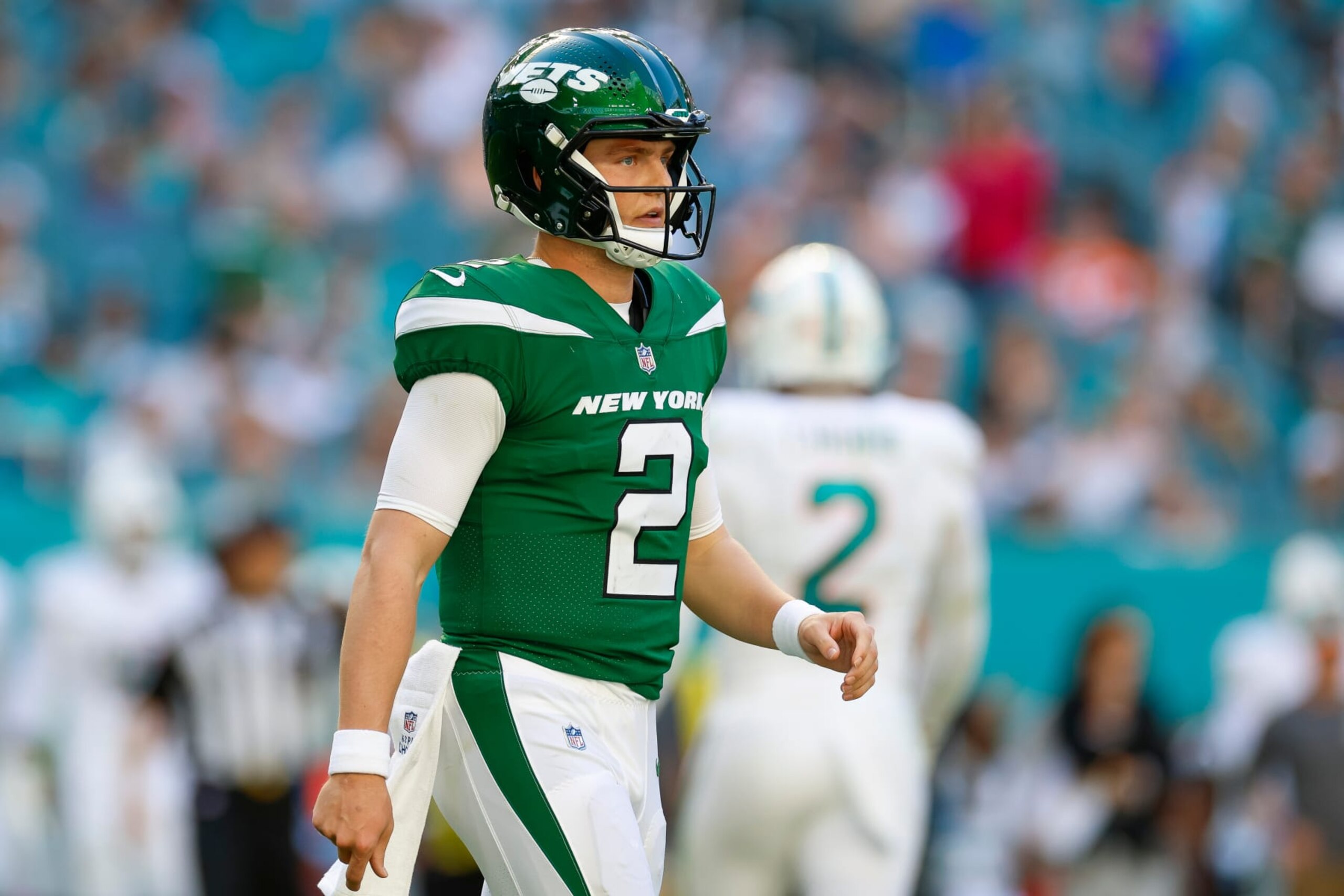 MIAMI GARDENS, FLORIDA - DECEMBER 17: Zach Wilson #2 of the New York Jets reacts during a game against the Miami Dolphins at Hard Rock Stadium on December 17, 2023 in Miami Gardens, Florida. (Photo by Brandon Sloter/Image Of Sport/Getty Images)