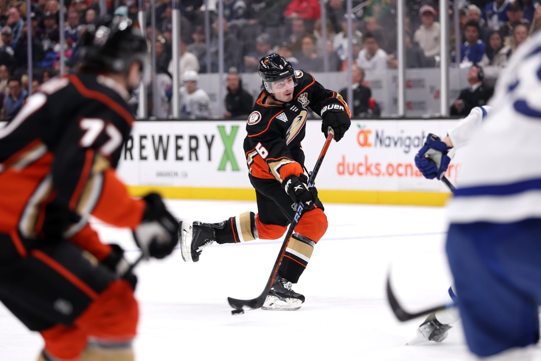 ANAHEIM, CALIFORNIA - JANUARY 03: Jamie Drysdale #6 of the Anaheim Ducks shoots the puck during the second period of a game against the Toronto Maple Leafs at Honda Center on January 03, 2024 in Anaheim, California. (Photo by Sean M. Haffey/Getty Images)