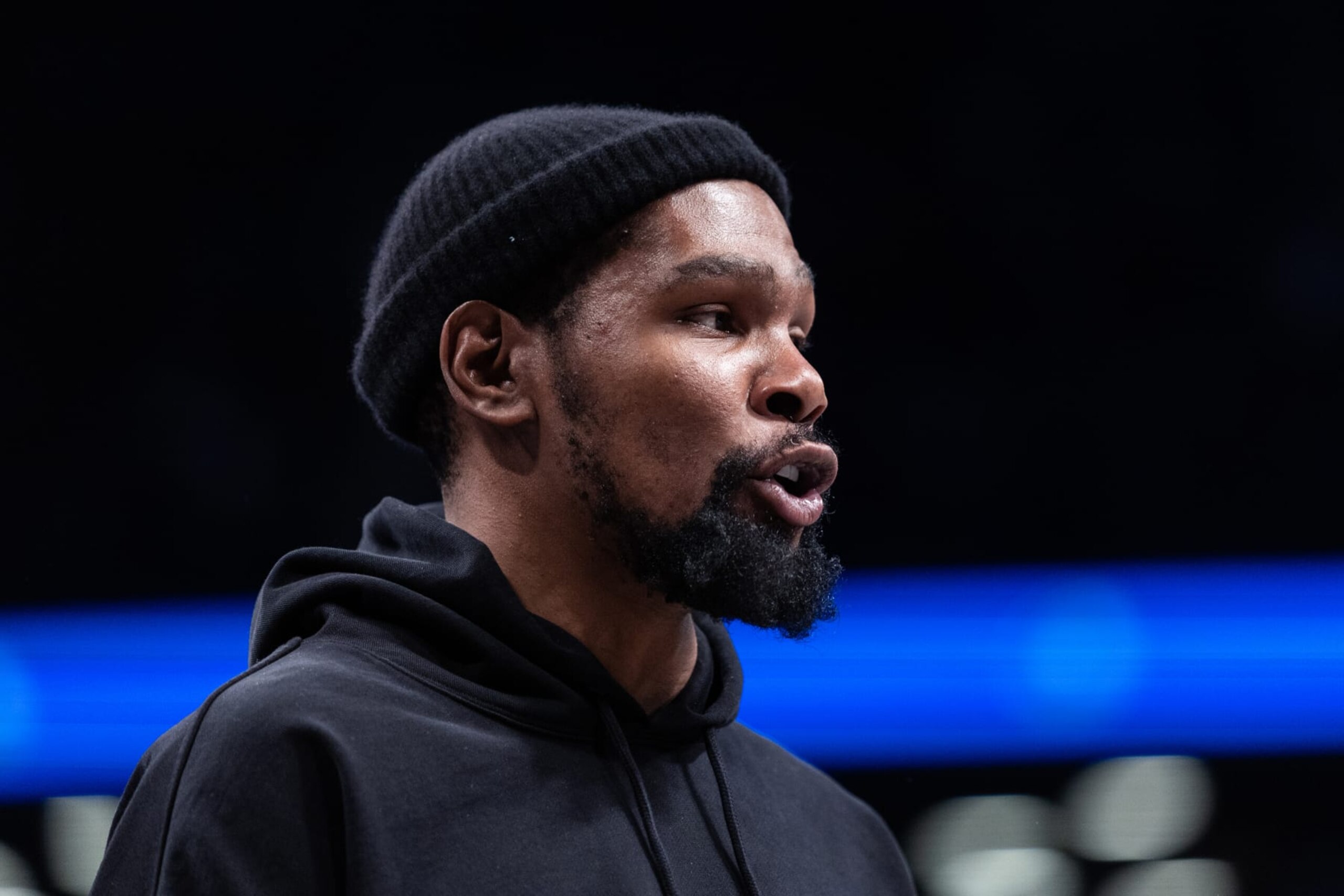 NEW YORK, NEW YORK - JANUARY 28: Kevin Durant #7 of the Brooklyn Nets looks on during a timeout during the second quarter of the game against the New York Knicks at Barclays Center on January 28, 2023 in New York City. NOTE TO USER: User expressly acknowledges and agrees that, by downloading and or using this photograph, User is consenting to the terms and conditions of the Getty Images License Agreement. (Photo by Dustin Satloff/Getty Images)