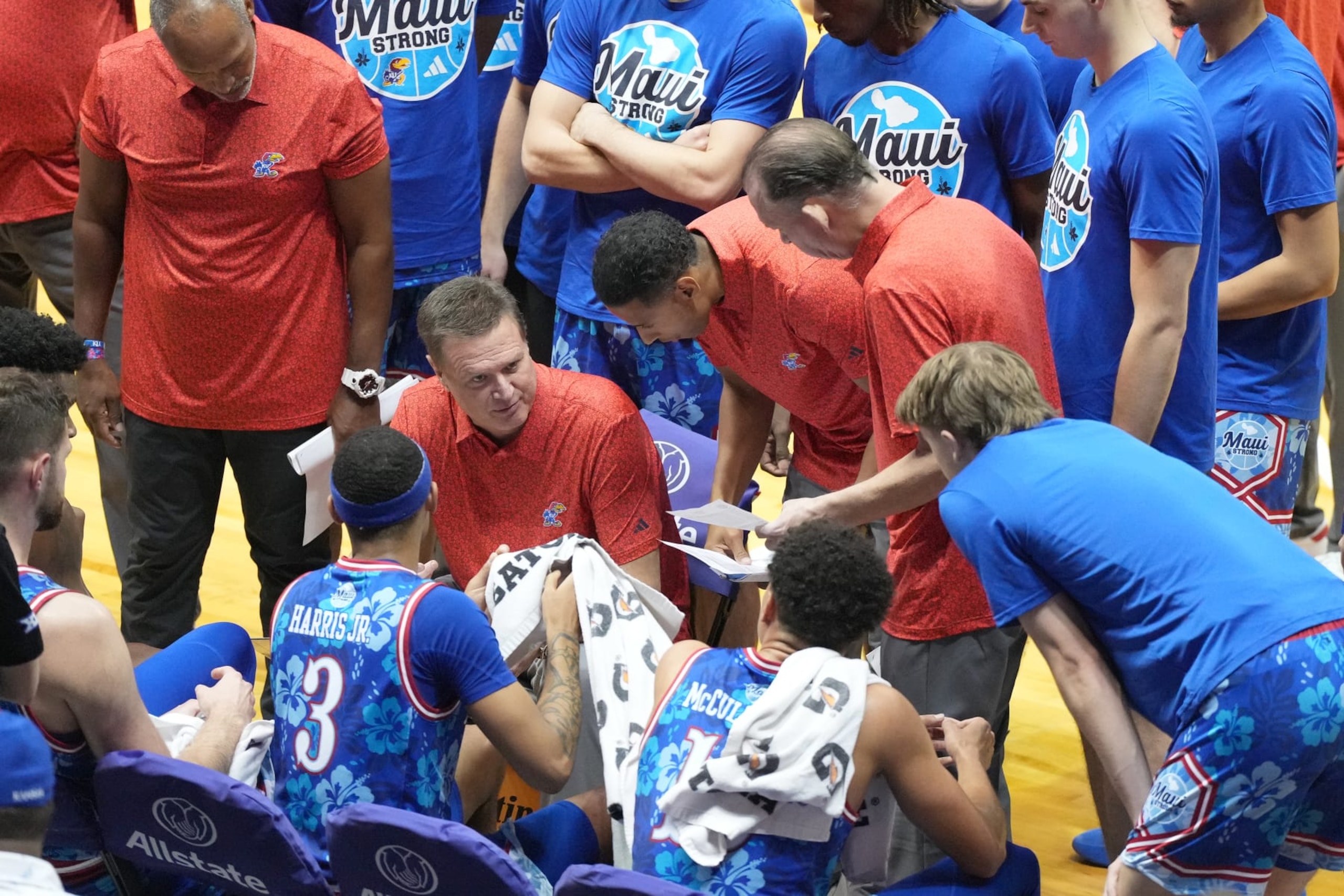 HONOLULU, HI - NOVEMBER 20:  Head coach Bill Self of the Kansas Jayhawks talks to his players during a time out on day one of the Allstate Maui Invitational college basketball game against the Chaminade Silverswords at the SimpliFi Arena at Stan Sheriff Center on November 20, 2023 in Honolulu, Hawaii.  (Photo by Mitchell Layton/Getty Images)