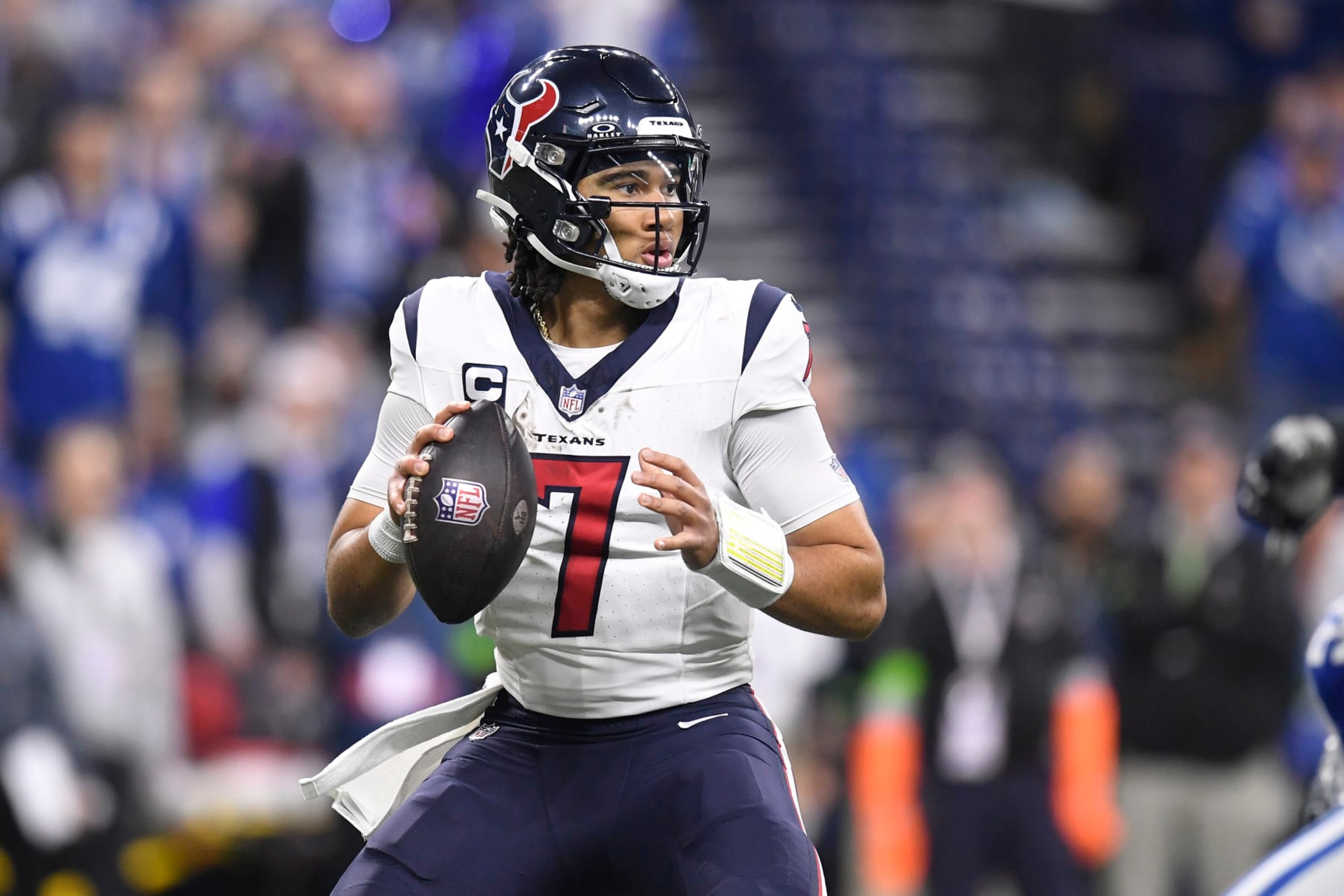 INDIANAPOLIS, IN - JANUARY 06: Houston Texans Quarterback C.J. Stroud (7) looks to pass during the NFL game between the Houston Texans and the Indianapolis Colts on January 6, 2024, at Lucas Oil Stadium in Indianapolis, Indiana. (Photo by Michael Allio/Icon Sportswire via Getty Images) INDIANAPOLIS, IN - JANUARY 06: Houston Texans Quarterback C.J. Stroud (7) looks to pass during the NFL game between the Houston Texans and the Indianapolis Colts on January 6, 2024, at Lucas Oil Stadium in Indianapolis, Indiana. (Photo by Michael Allio/Icon Sportswire via Getty Images)