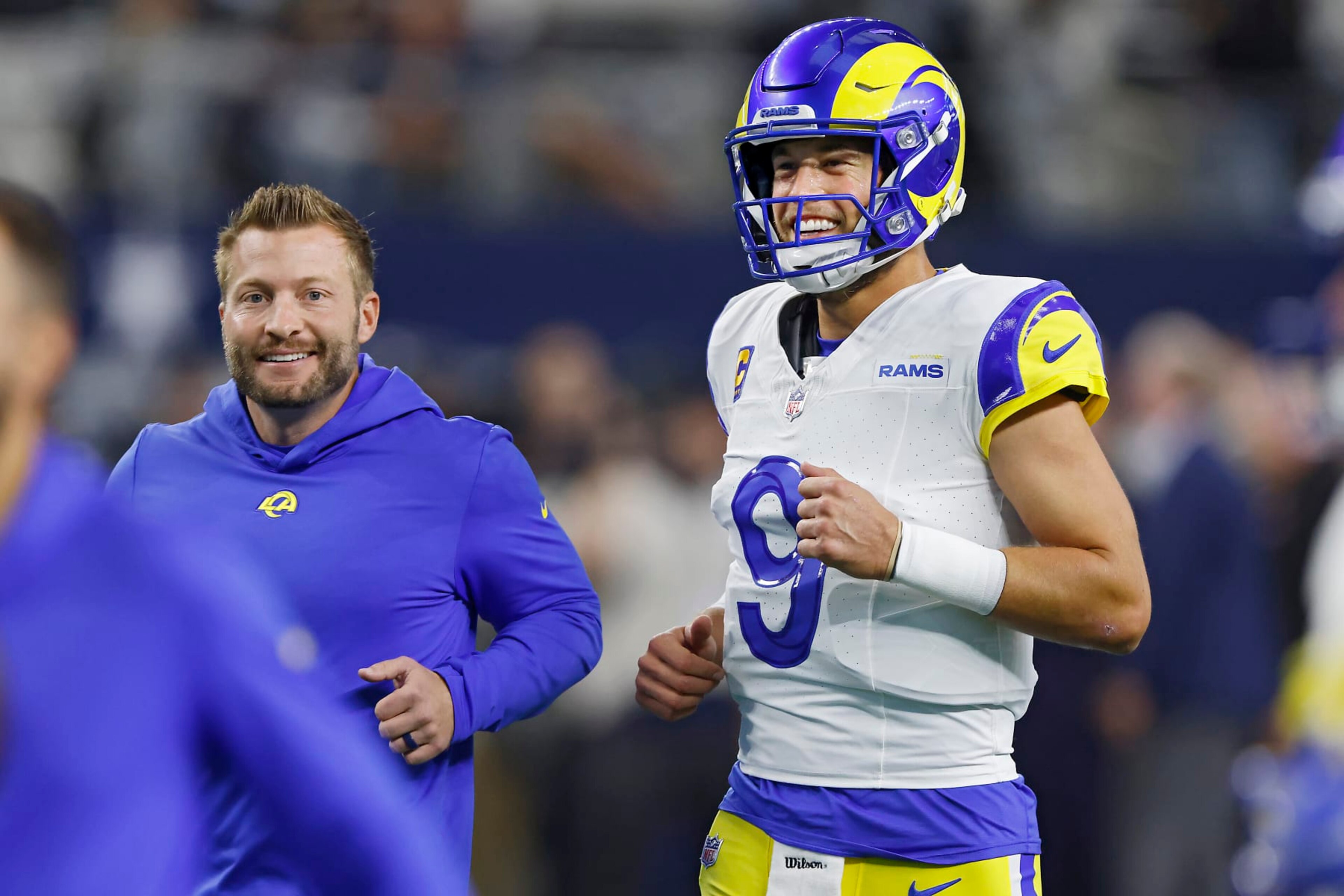 ARLINGTON, TEXAS - OCTOBER 29: Matthew Stafford #9 of the Los Angeles Rams and head coach Sean McVay of the Los Angeles Rams look on prior to a game against the Dallas Cowboys at AT&T Stadium on October 29, 2023 in Arlington, Texas. (Photo by Ron Jenkins/Getty Images) ARLINGTON, TEXAS - OCTOBER 29: Matthew Stafford #9 of the Los Angeles Rams and head coach Sean McVay of the Los Angeles Rams look on prior to a game against the Dallas Cowboys at AT&T Stadium on October 29, 2023 in Arlington, Texas. (Photo by Ron Jenkins/Getty Images)