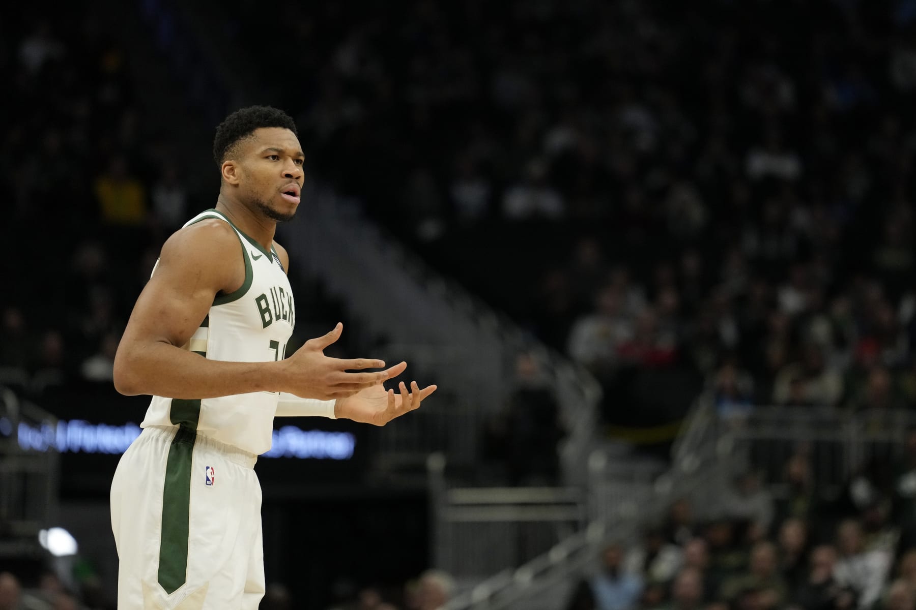 MILWAUKEE, WISCONSIN - JANUARY 08: Giannis Antetokounmpo #34 of the Milwaukee Bucks reacts in the first half against the Utah Jazz at Fiserv Forum on January 08, 2024 in Milwaukee, Wisconsin. NOTE TO USER: User expressly acknowledges and agrees that, by downloading and or using this photograph, User is consenting to the terms and conditions of the Getty Images License Agreement. (Photo by Patrick McDermott/Getty Images)