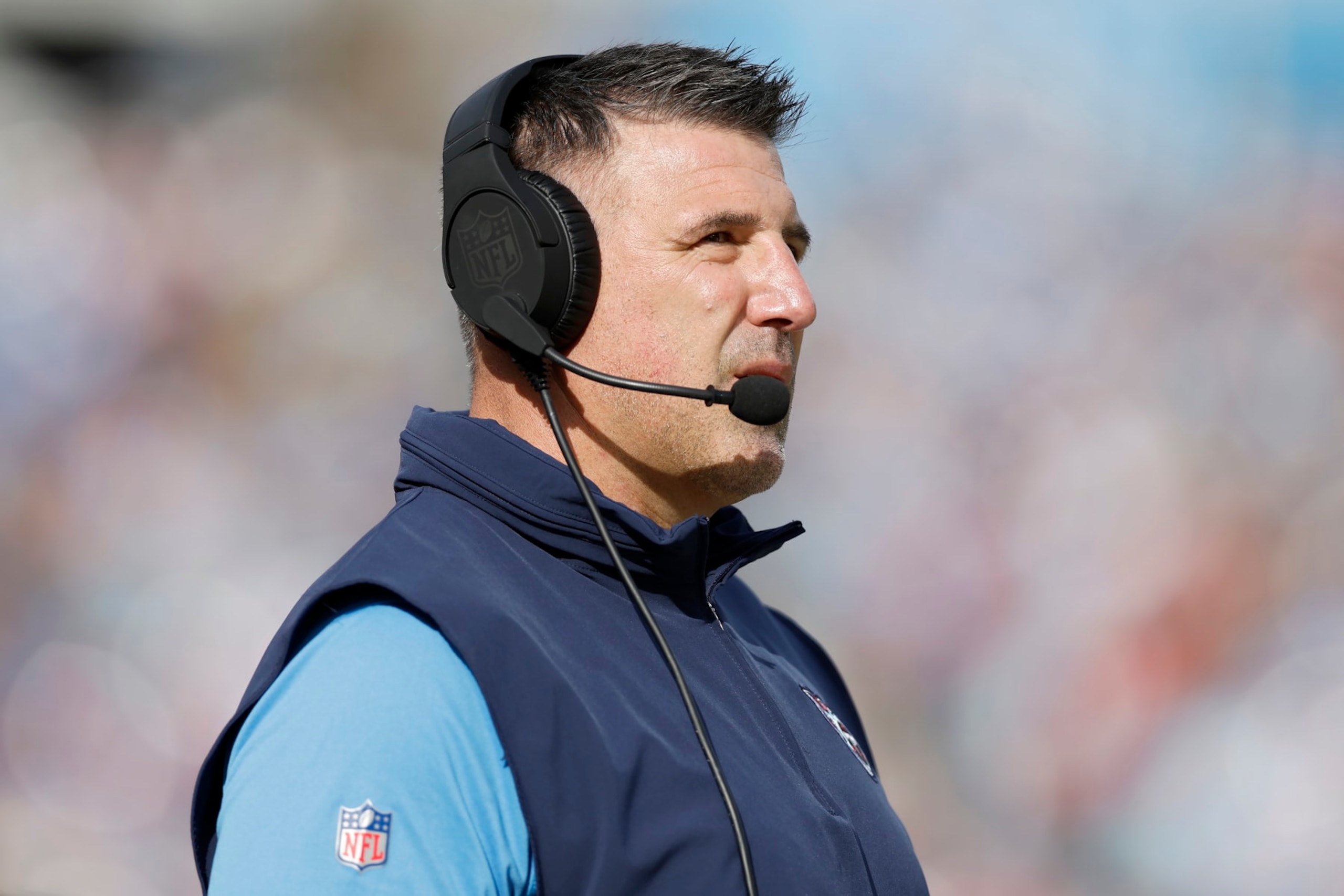 NASHVILLE, TENNESSEE - DECEMBER 24: Head coach Mike Vrabel of the Tennessee Titans looks on during the first half in the game against the Seattle Seahawks at Nissan Stadium on December 24, 2023 in Nashville, Tennessee. (Photo by Wesley Hitt/Getty Images)