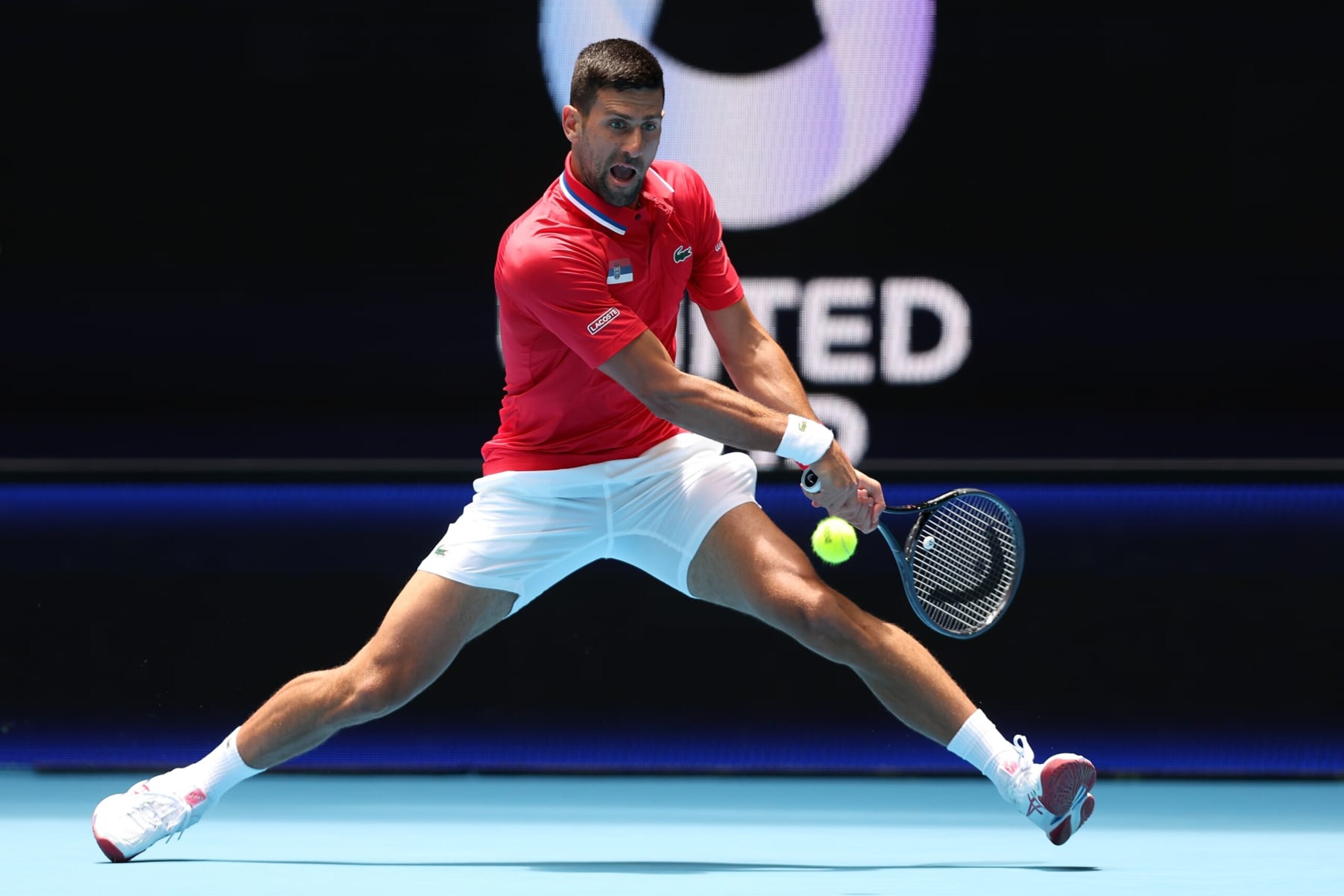 PERTH, AUSTRALIA - JANUARY 02: Novak Djokovic of Team Serbia plays a backhand in his singles match against Jiri Lehecka of Team Czech Republic during day five of the 2024 United Cup at RAC Arena on January 02, 2024 in Perth, Australia. (Photo by Paul Kane/Getty Images)