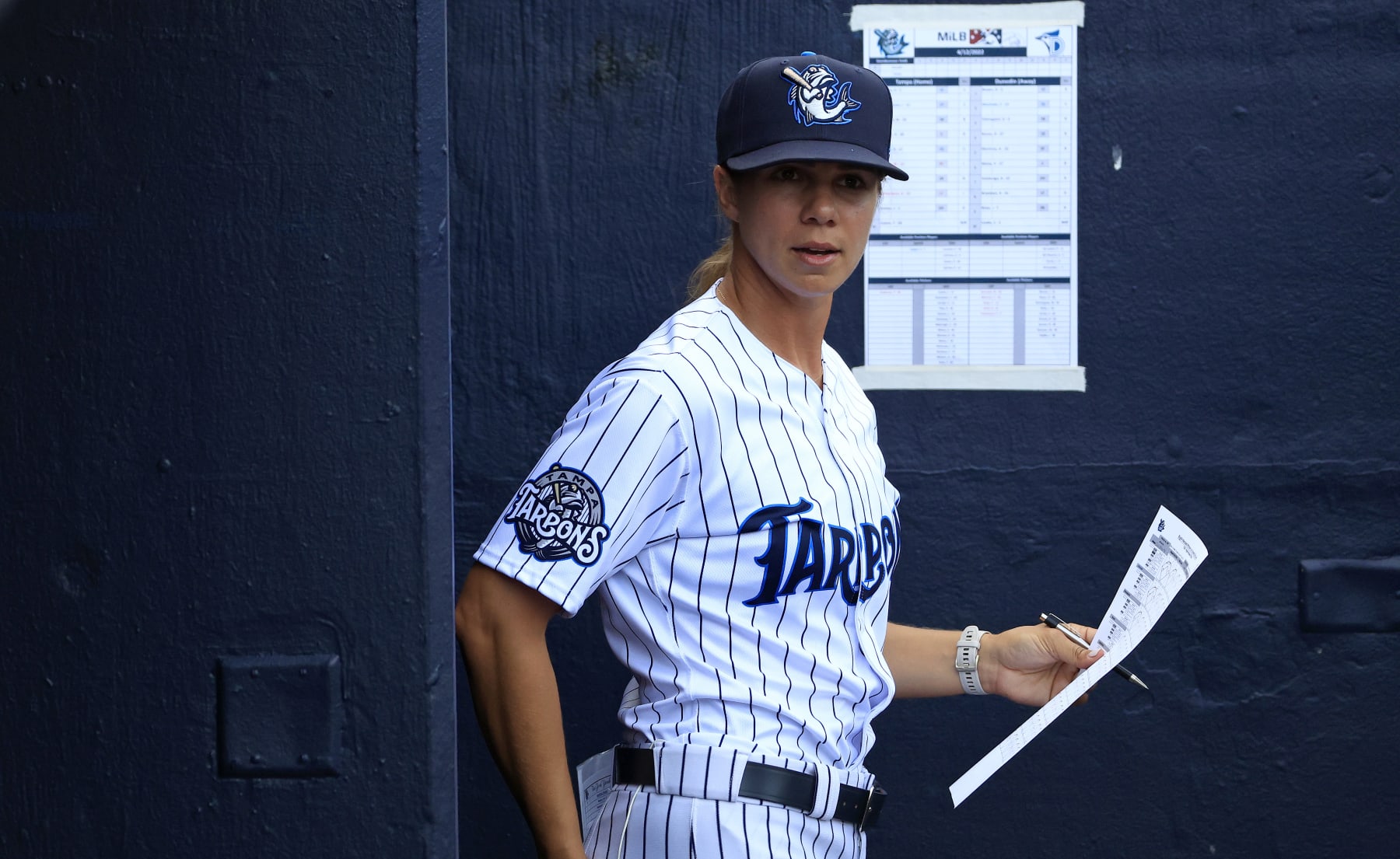 TAMPA, FLORIDA - APRIL 12:  Tampa Tarpons Manager Rachel Balkovec, the first full-time female manager in the history of affiliated baseball looks on during a game against the Dunedin Blue Jays at George M. Steinbrenner Field on April 12, 2022 in Tampa, Florida. (Photo by Mike Ehrmann/Getty Images)