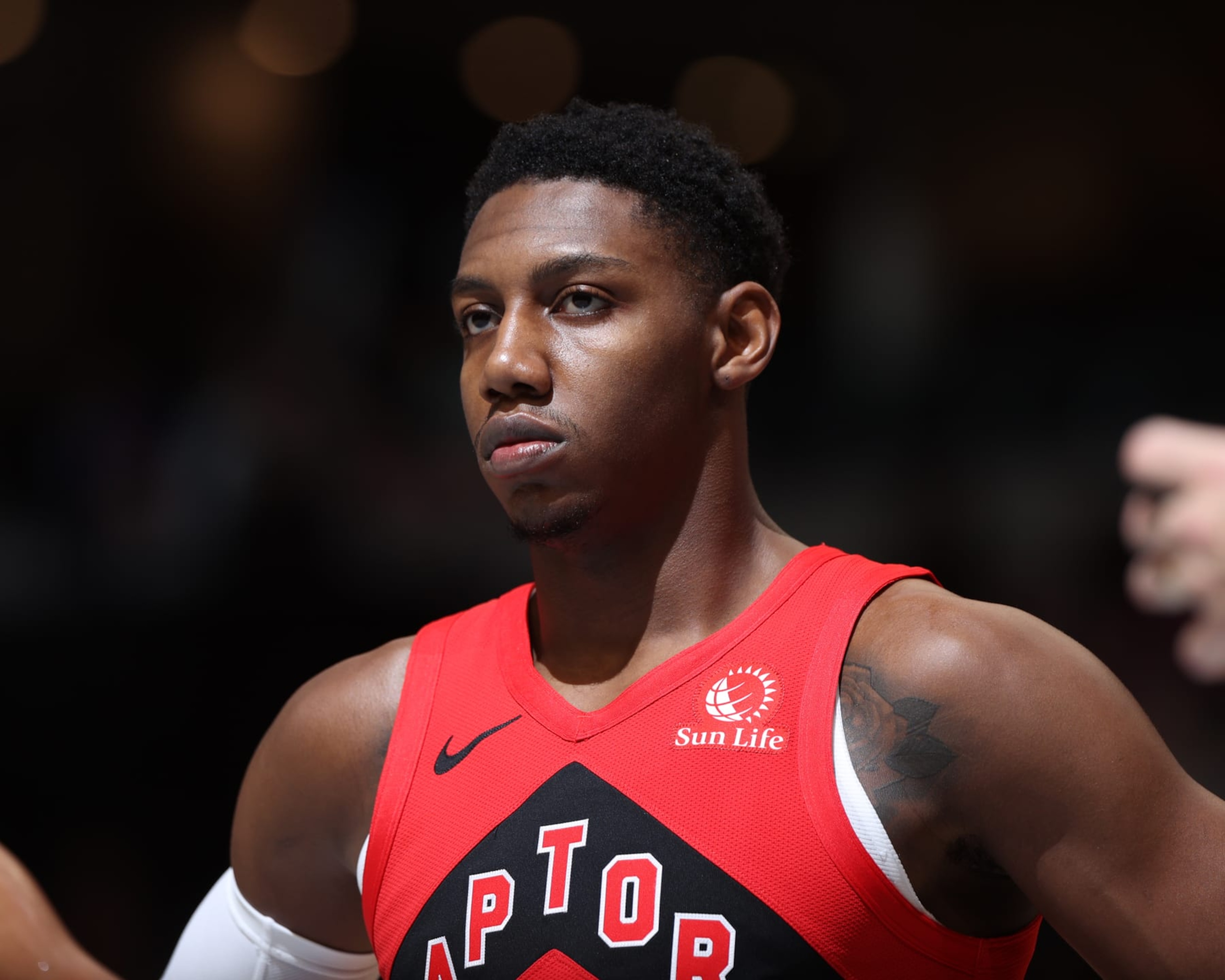 MEMPHIS, TN - JANUARY 3:  RJ Barrett #9 of the Toronto Raptors look on during the game on January 3, 2024 at FedExForum in Memphis, Tennessee. NOTE TO USER: User expressly acknowledges and agrees that, by downloading and or using this photograph, User is consenting to the terms and conditions of the Getty Images License Agreement. Mandatory Copyright Notice: Copyright 2024 NBAE (Photo by Joe Murphy/NBAE via Getty Images)