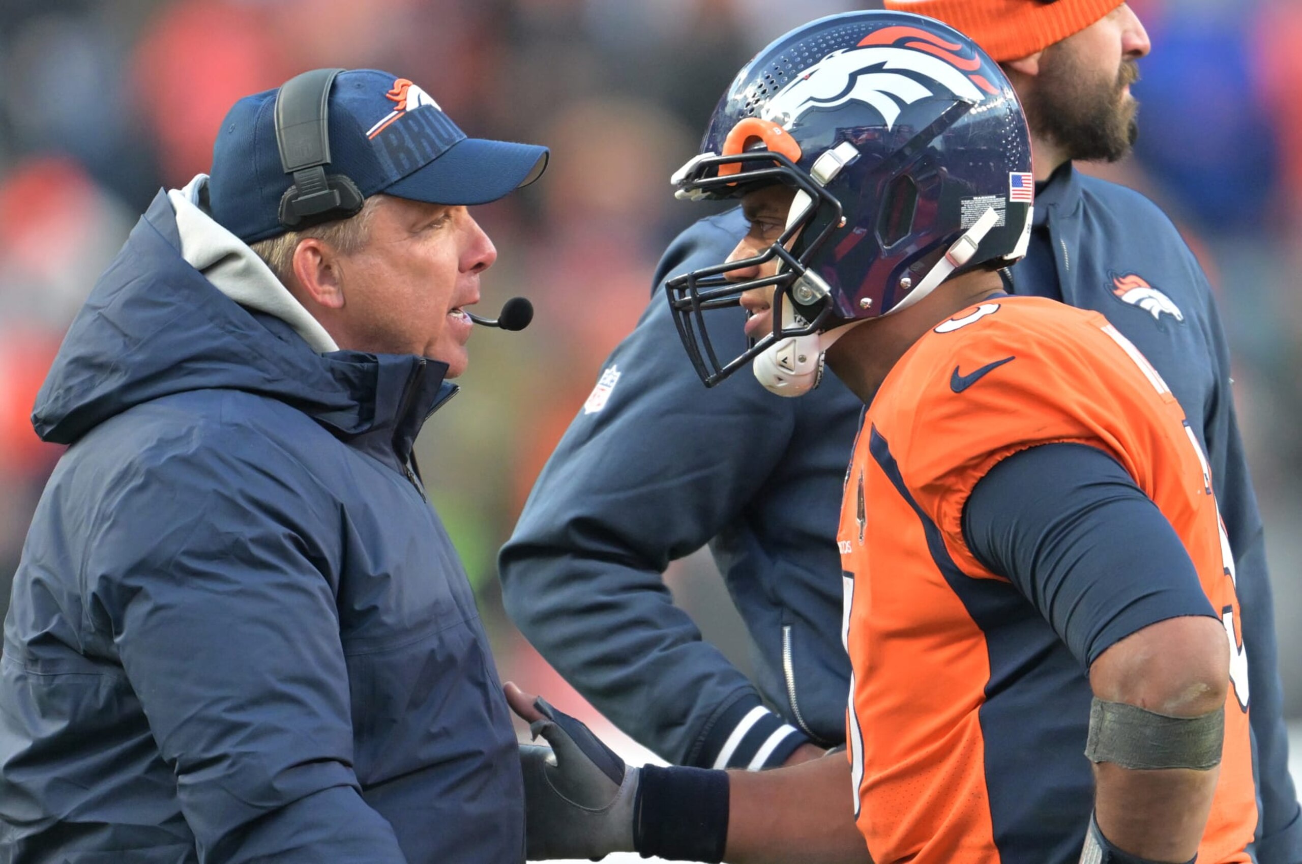 DENVER, COLORADO - OCTOBER 29: Denver Broncos Head coach Sean Payton, left, and Denver Broncos quarterback Russell Wilson (3) talks during the second half at Empower Field at Mile High on October 29, 2023 in Denver, Colorado. The Denver Broncos beat the Kansas City Chiefs 24 to 9 during week 8 of the NFL regular season. (Photo by RJ Sangosti/MediaNews Group/The Denver Post via Getty Images)