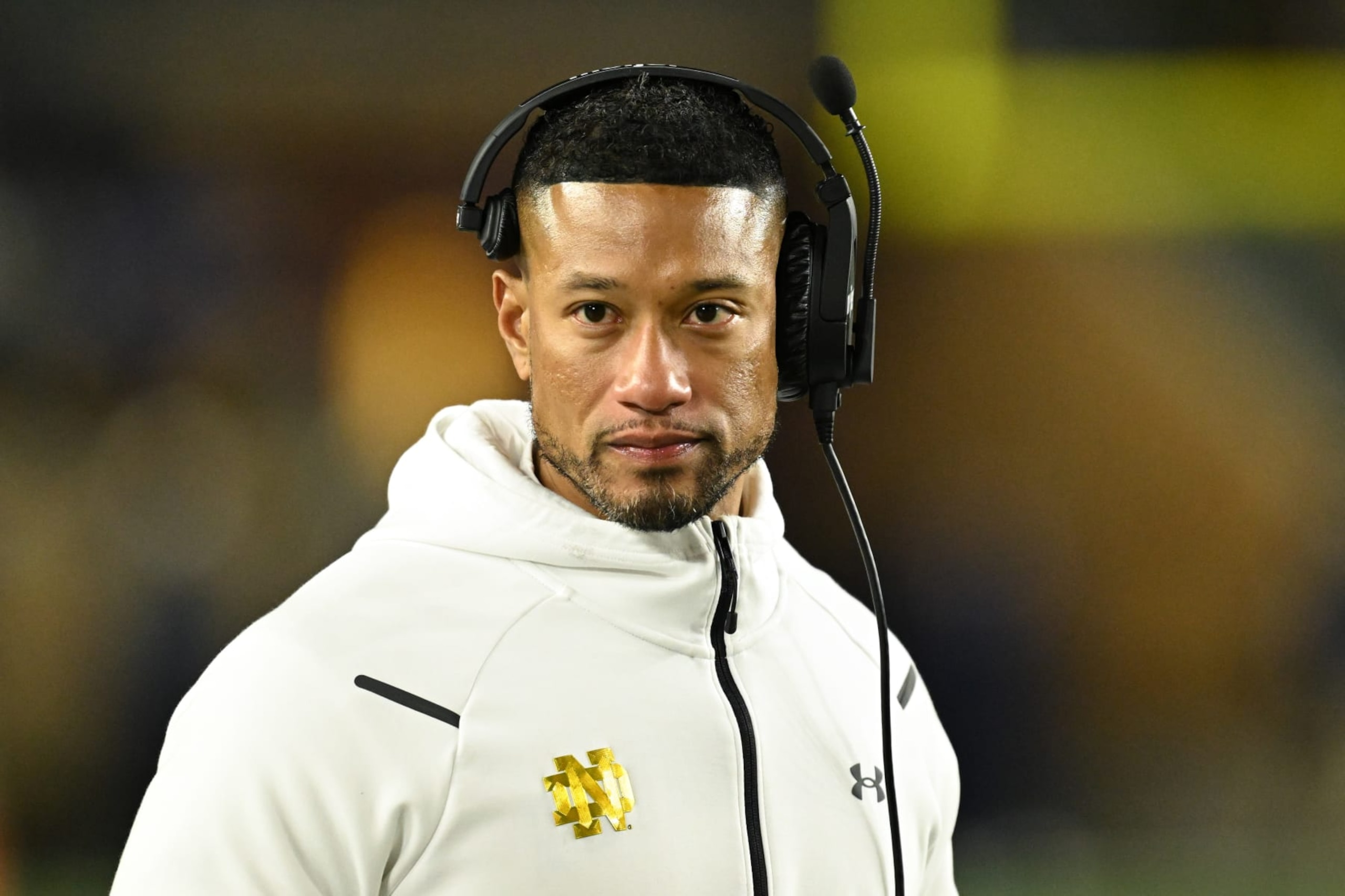 SOUTH BEND, INDIANA - NOVEMBER 18: Head coach Marcus Freeman of the Notre Dame Fighting Irish  looks on in the second half against the Wake Forest Demon Deacons at Notre Dame Stadium on November 18, 2023 in South Bend, Indiana. (Photo by Quinn Harris/Getty Images)