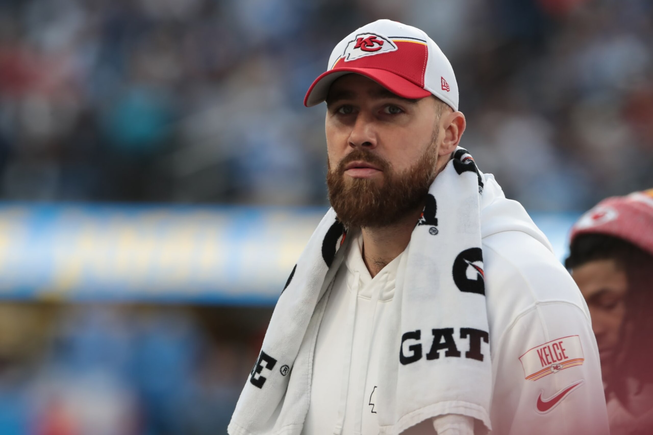 INGLEWOOD, CA - JANUARY 07: Kansas City Chiefs tight end Travis Kelce (87) during the NFL game between the Kansas City Chiefs and the Los Angeles Chargers on January 07, 2024, at SoFi Stadium in Inglewood, CA. (Photo by Jevone Moore/Icon Sportswire via Getty Images)