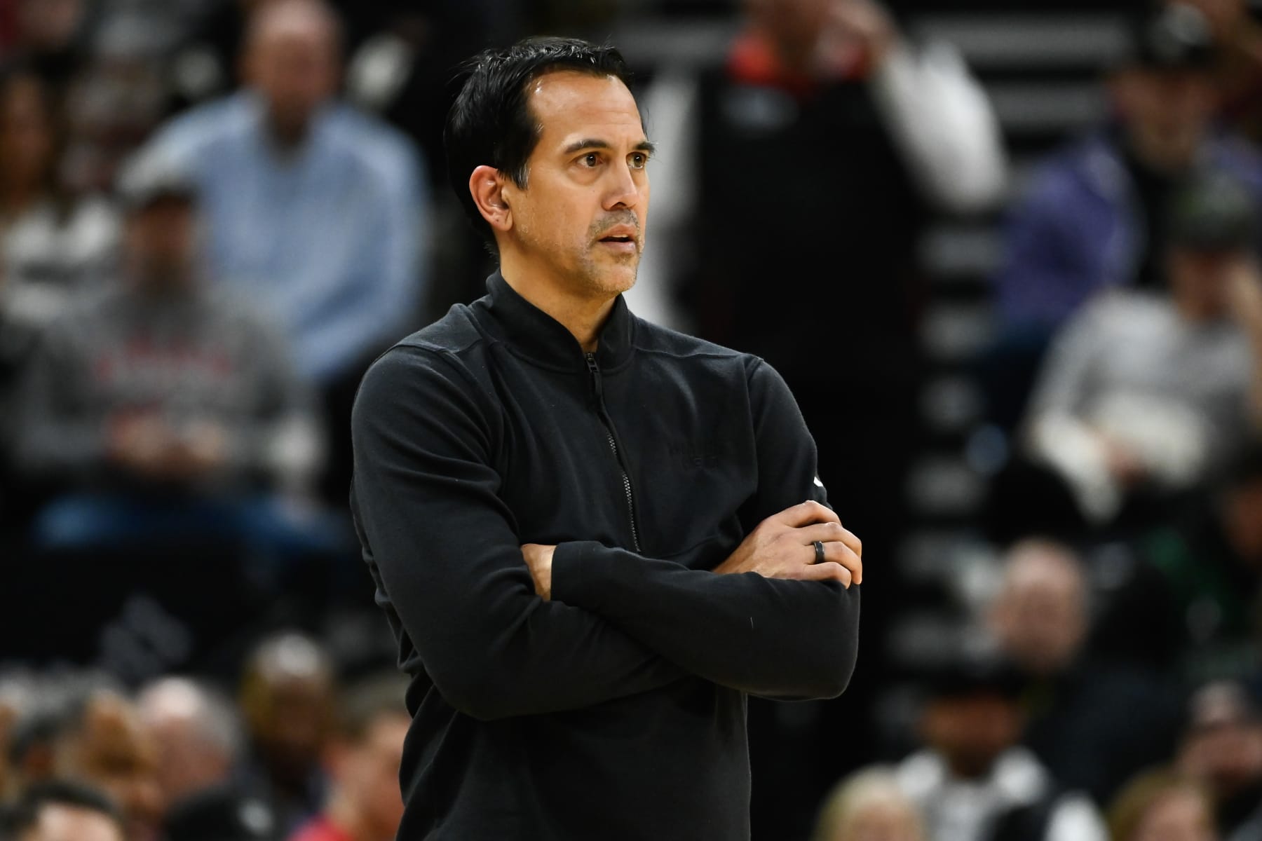 SALT LAKE CITY, UTAH - DECEMBER 30: Miami Heat head coach Erik Spoelstra looks on during the second half of a game against the Utah Jazz at Delta Center on December 30, 2023 in Salt Lake City, Utah. NOTE TO USER: User expressly acknowledges and agrees that, by downloading and or using this photograph, User is consenting to the terms and conditions of the Getty Images License Agreement. (Photo by Alex Goodlett/Getty Images)
