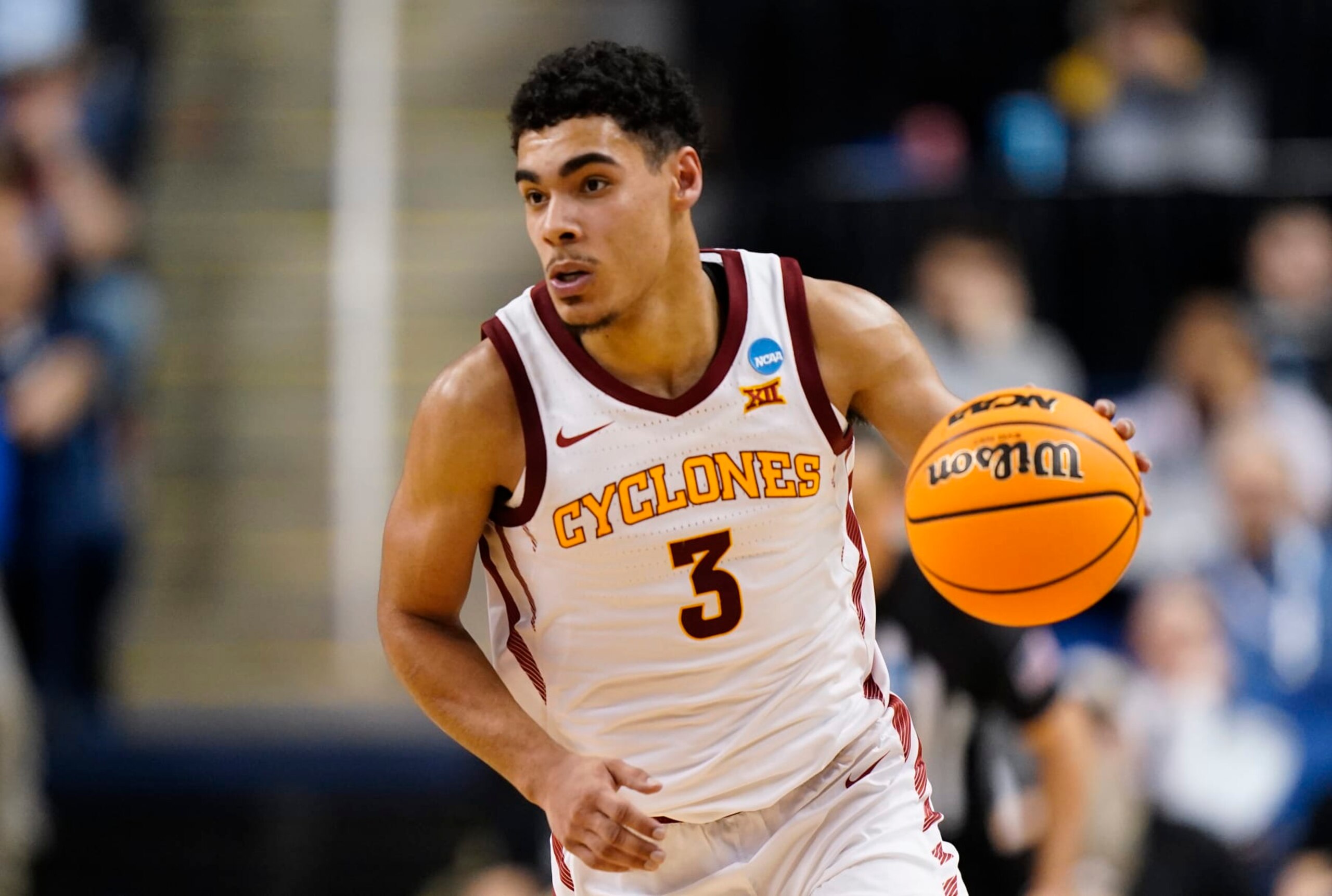 GREENSBORO, NORTH CAROLINA - MARCH 17: Tamin Lipsey #3 of the Iowa State Cyclones dribbles the ball against the Pittsburgh Panthers during the second half in the first round of the NCAA Men's Basketball Tournament at The Fieldhouse at Greensboro Coliseum on March 17, 2023 in Greensboro, North Carolina. (Photo by Jacob Kupferman/Getty Images)