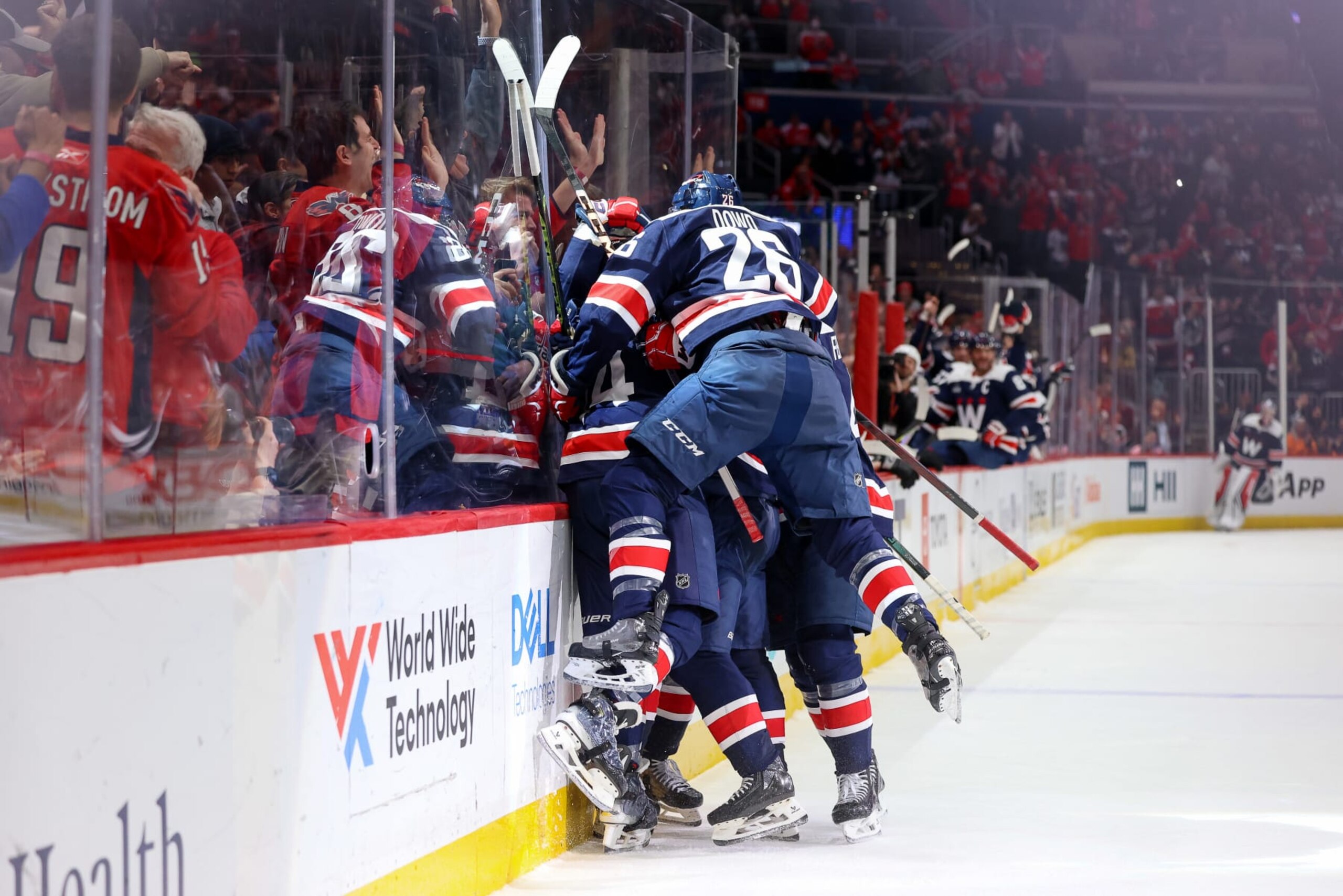 WASHINGTON, DC - JANUARY 7: John Carlson #74 of the Washington Capitals celebrates the game winning goal with under one minute left in the third period against the Los Angeles Kings at Capital One Arena on January 7, 2024 in Washington, D.C. (Photo by John McCreary/NHLI via Getty Images) WASHINGTON, DC - JANUARY 7: John Carlson #74 of the Washington Capitals celebrates the game winning goal with under one minute left in the third period against the Los Angeles Kings at Capital One Arena on January 7, 2024 in Washington, D.C. (Photo by John McCreary/NHLI via Getty Images)