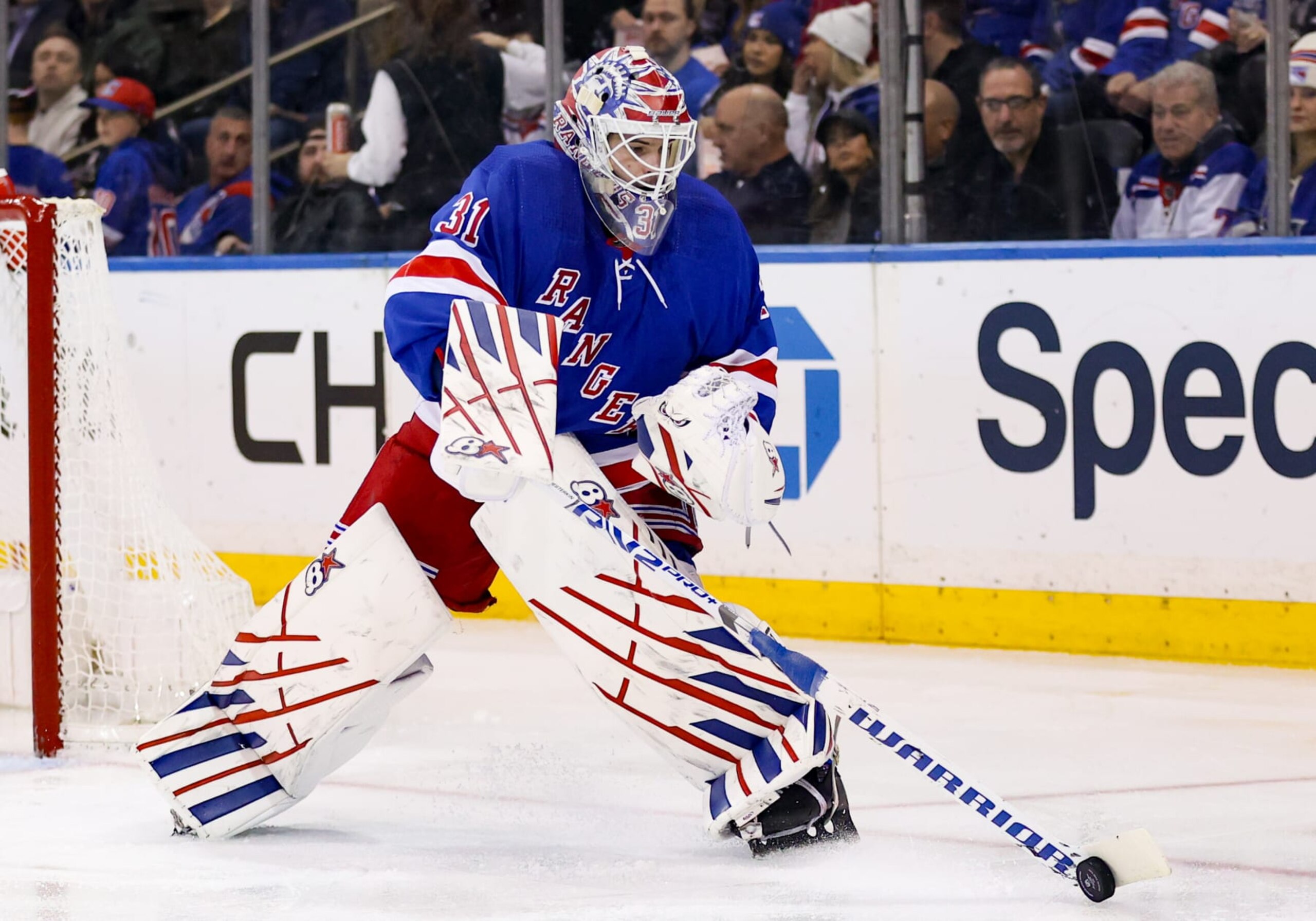 NEW YORK, NY - JANUARY 08: New York Rangers Goalie Igor Shesterkin (31) plays the puck during the first period of the National Hockey League game between the Vancouver Canucks and the New York Rangers on January 8, 2024 at Madison Square Garden in New York, NY. (Photo by Joshua Sarner/Icon Sportswire via Getty Images) NEW YORK, NY - JANUARY 08: New York Rangers Goalie Igor Shesterkin (31) plays the puck during the first period of the National Hockey League game between the Vancouver Canucks and the New York Rangers on January 8, 2024 at Madison Square Garden in New York, NY. (Photo by Joshua Sarner/Icon Sportswire via Getty Images)