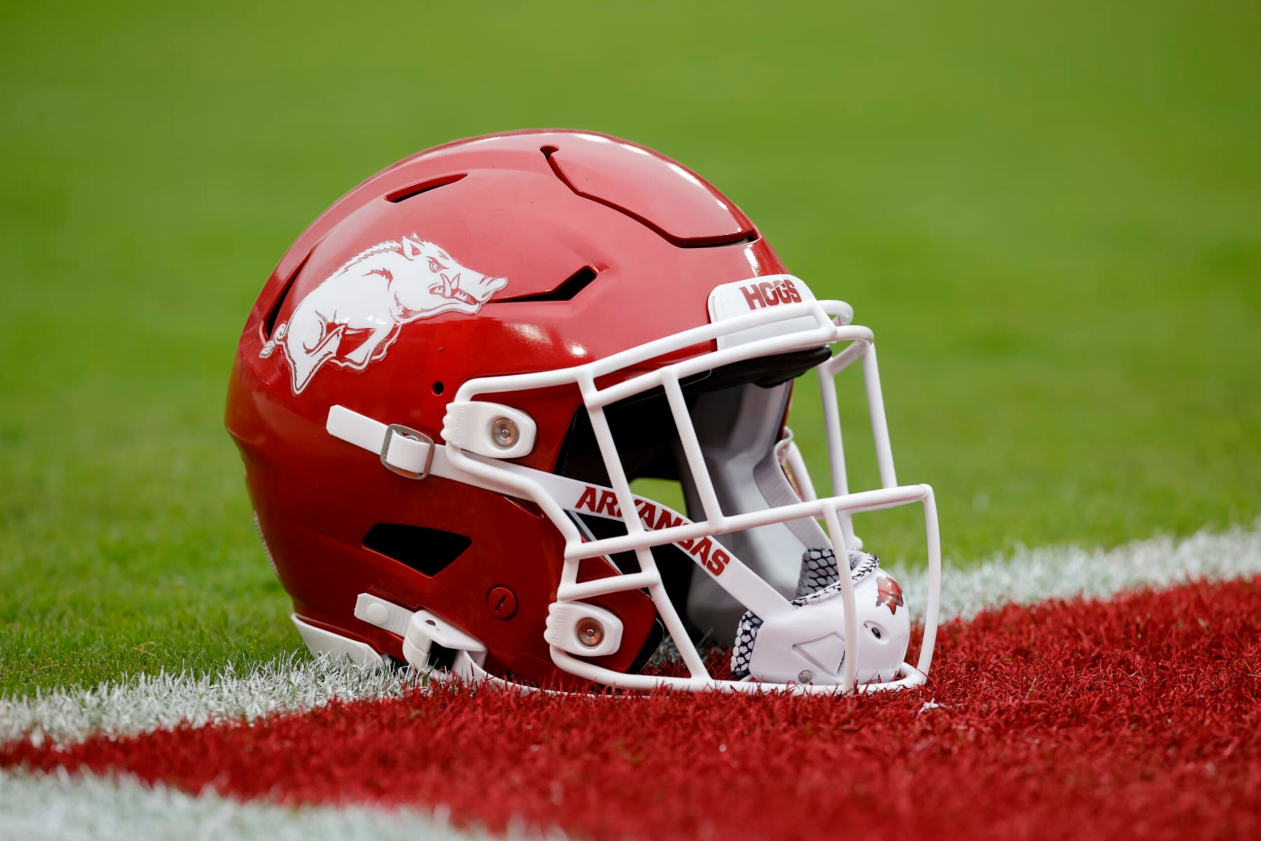 TUSCALOOSA, ALABAMA - OCTOBER 14: An Arkansas Razorbacks helmet sits on the field before a game against the Alabama Crimson Tide at Bryant-Denny Stadium on October 14, 2023 in Tuscaloosa, Alabama. (Photo by Alex Slitz/Getty Images)