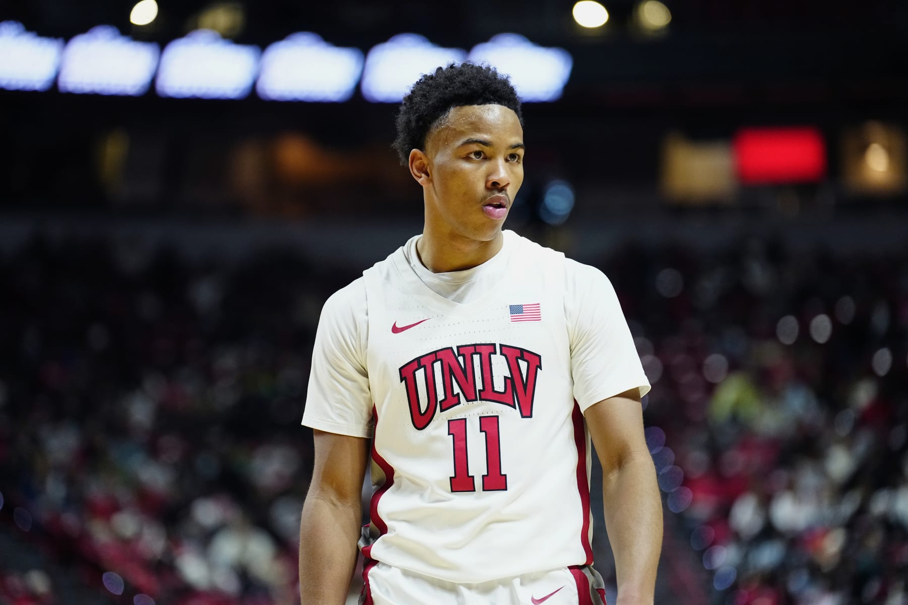 LAS VEGAS, NEVADA - NOVEMBER 08: Dedan Thomas Jr. #11 of the UNLV Rebels looks on in the first half of a game against the Southern University Jaguars at the Thomas & Mack Center on November 08, 2023 in Las Vegas, Nevada. (Photo by Louis Grasse/Getty Images)