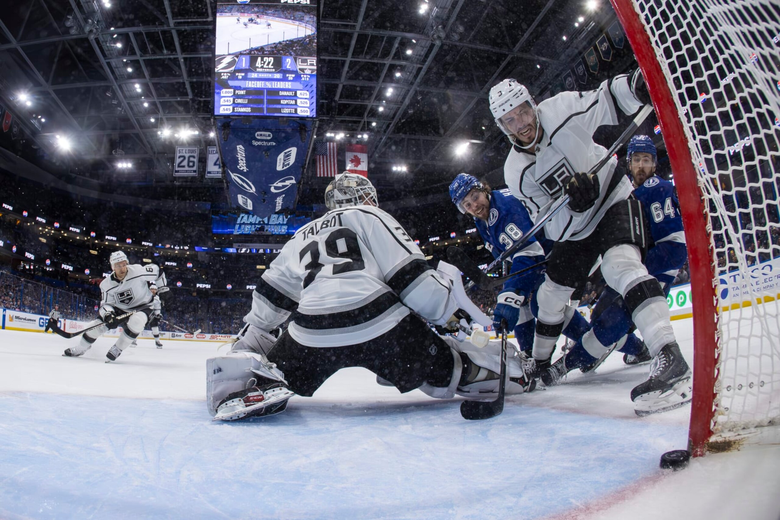 TAMPA, FL - JANUARY 9: Brandon Hagel #38 of the Tampa Bay Lightning scores against goalie Cam Talbot #39 of the Los Angeles Kings during overtime at Amalie Arena on January 9, 2024 in Tampa, Florida. (Photo by Mark LoMoglio/NHLI via Getty Images) TAMPA, FL - JANUARY 9: Brandon Hagel #38 of the Tampa Bay Lightning scores against goalie Cam Talbot #39 of the Los Angeles Kings during overtime at Amalie Arena on January 9, 2024 in Tampa, Florida. (Photo by Mark LoMoglio/NHLI via Getty Images)