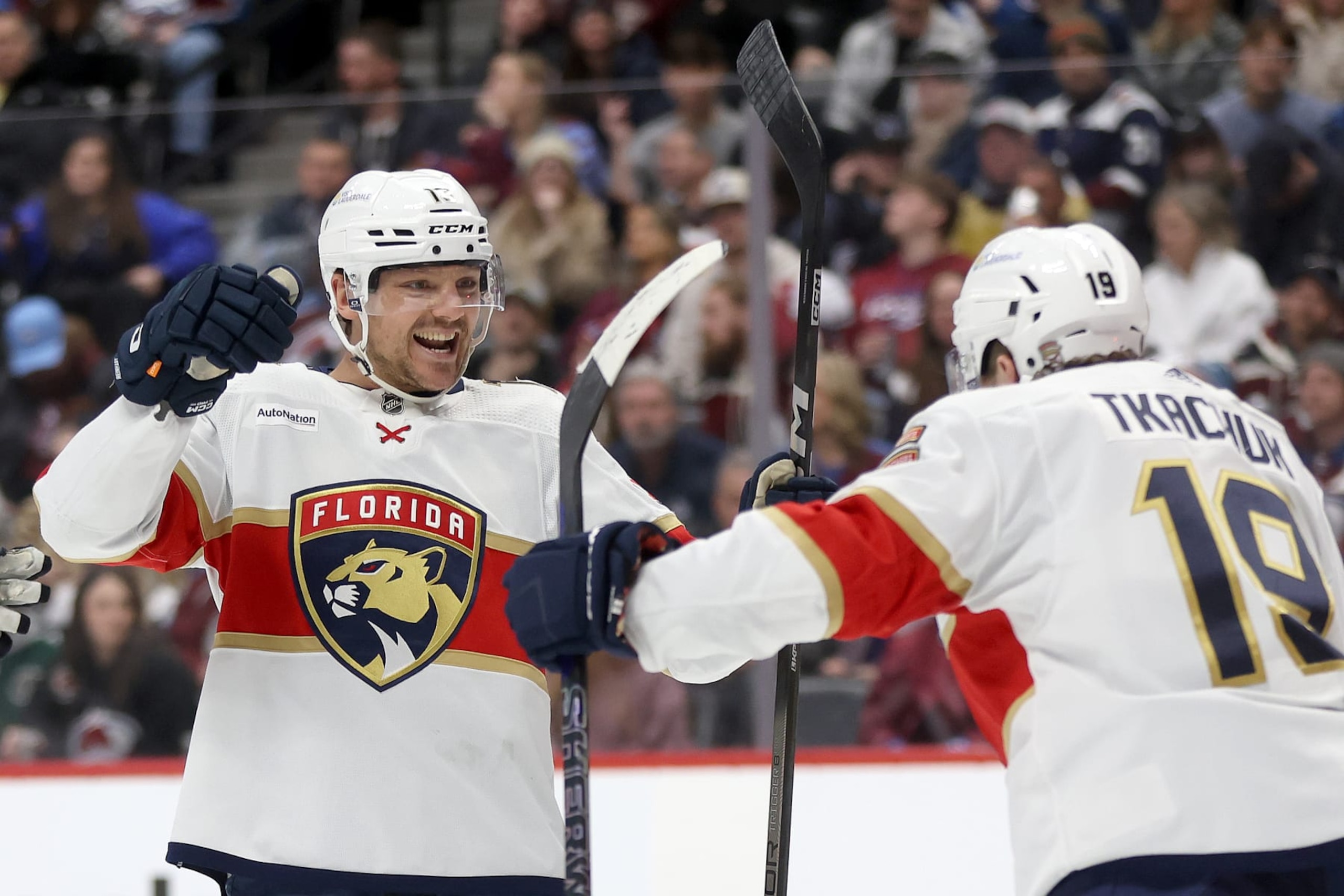 DENVER, COLORADO - JANUARY 06: Sam Reinhart #13 of the Florida Panthers celebrates with Matthew Tkachuk #19 after scoring against the Colorado Avalanche in the third period at Ball Arena on January 06, 2024 in Denver, Colorado. (Photo by Matthew Stockman/Getty Images) DENVER, COLORADO - JANUARY 06: Sam Reinhart #13 of the Florida Panthers celebrates with Matthew Tkachuk #19 after scoring against the Colorado Avalanche in the third period at Ball Arena on January 06, 2024 in Denver, Colorado. (Photo by Matthew Stockman/Getty Images)