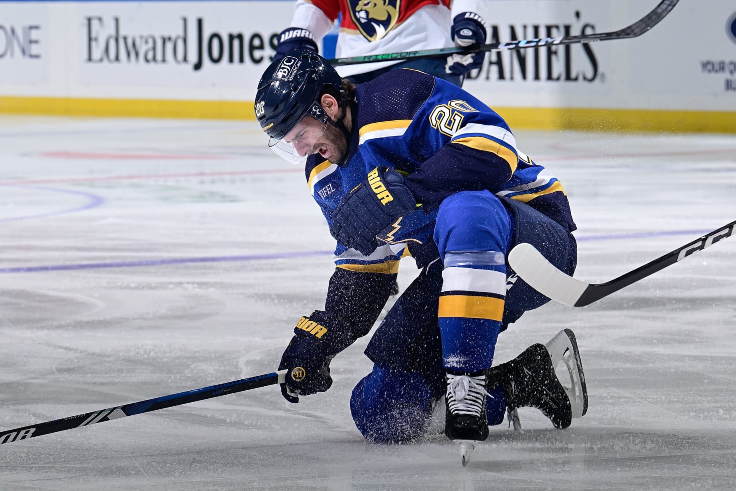 ST. LOUIS, MO - JANUARY 9: Brandon Saad #20 of the St. Louis Blues reacts after getting high sticked in the game against the Florida Panthers on January 9, 2024 at the Enterprise Center in St. Louis, Missouri. (Photo by Scott Rovak/NHLI via Getty Images) ST. LOUIS, MO - JANUARY 9: Brandon Saad #20 of the St. Louis Blues reacts after getting high sticked in the game against the Florida Panthers on January 9, 2024 at the Enterprise Center in St. Louis, Missouri. (Photo by Scott Rovak/NHLI via Getty Images)