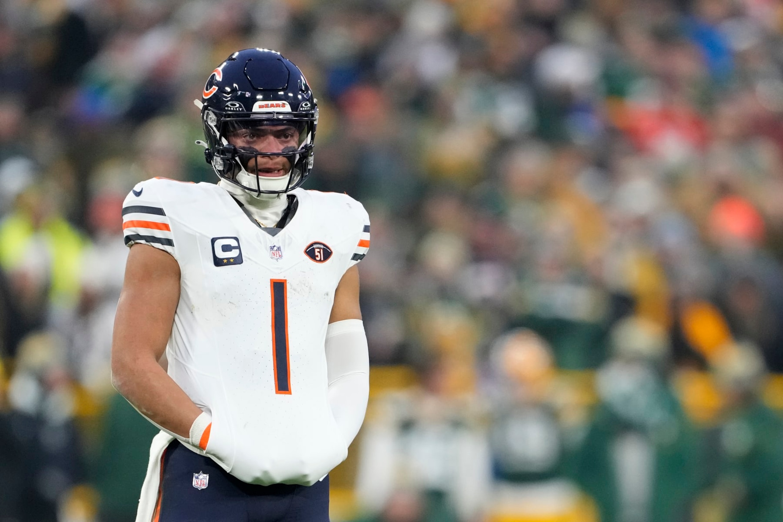 GREEN BAY, WISCONSIN - JANUARY 07: Justin Fields #1 of the Chicago Bears looks on in the first half against the Green Bay Packers at Lambeau Field on January 07, 2024 in Green Bay, Wisconsin. (Photo by Patrick McDermott/Getty Images) GREEN BAY, WISCONSIN - JANUARY 07: Justin Fields #1 of the Chicago Bears looks on in the first half against the Green Bay Packers at Lambeau Field on January 07, 2024 in Green Bay, Wisconsin. (Photo by Patrick McDermott/Getty Images)
