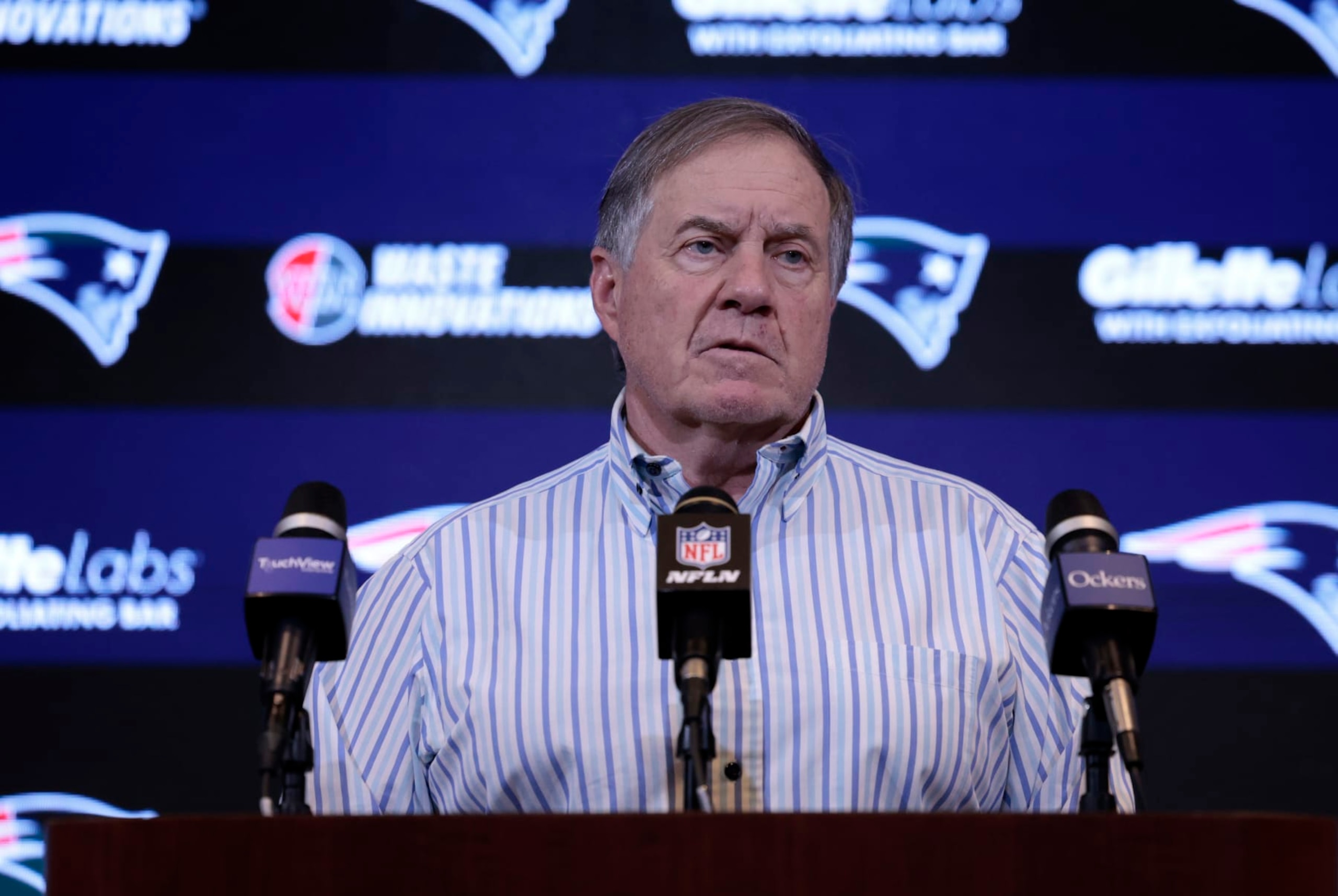 FOXBOROUGH, MA - JANUARY 07: New England Patriots head coach Bill Belichick listens to a question after a game between the New England Patriots and the New York Jets on January 7, 2024, at Gillette Stadium in Foxborough, Massachusetts. (Photo by Fred Kfoury III/Icon Sportswire via Getty Images) FOXBOROUGH, MA - JANUARY 07: New England Patriots head coach Bill Belichick listens to a question after a game between the New England Patriots and the New York Jets on January 7, 2024, at Gillette Stadium in Foxborough, Massachusetts. (Photo by Fred Kfoury III/Icon Sportswire via Getty Images)