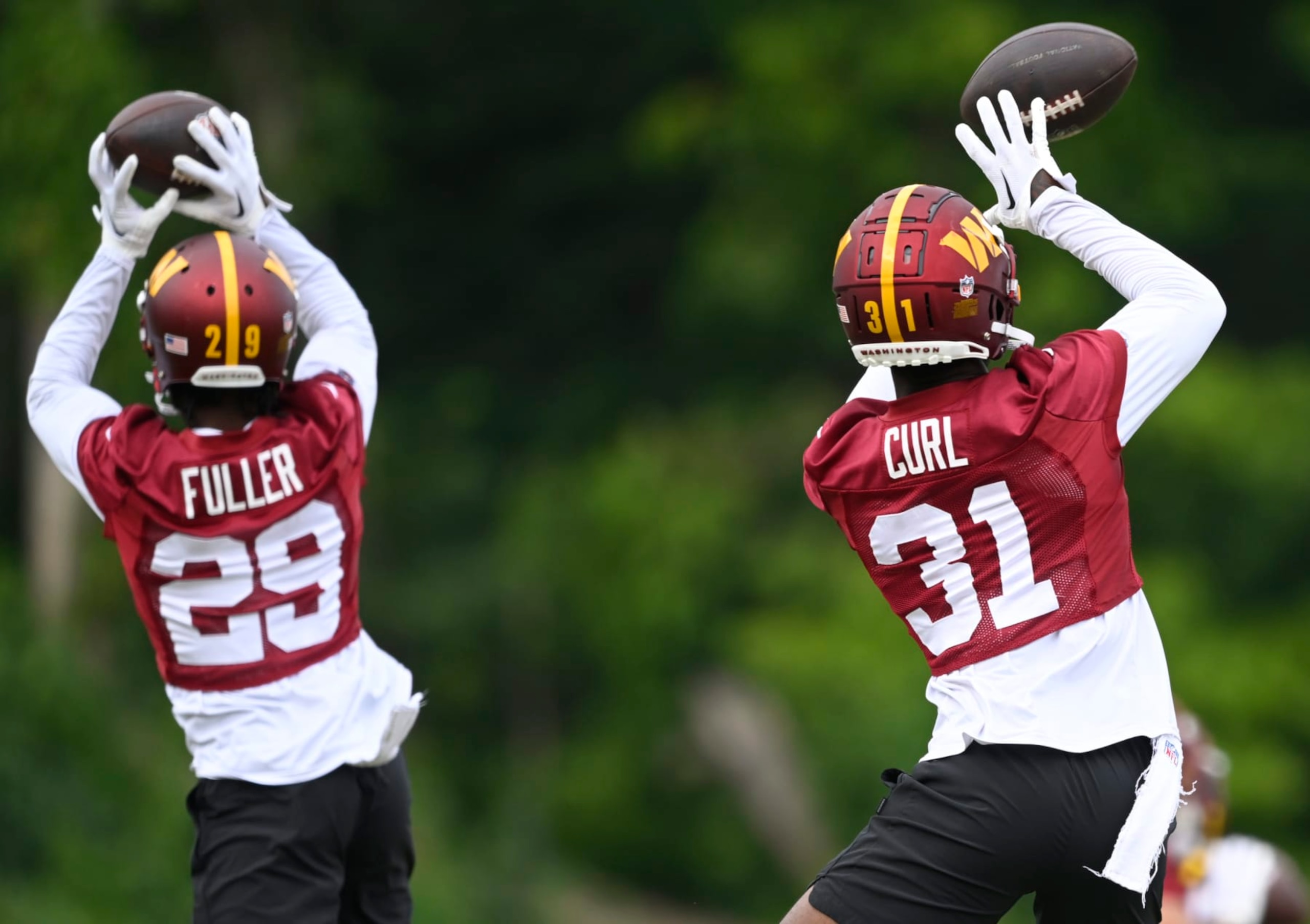 ASHBURN , VA - AUGUST 3: Washington Commanders cornerback Kendall Fuller (29), left, and safety Kamren Curl (31) drill together during day 9 at the Washington Commanders training camp at Commanders Park on August 3, 2023 in Ashburn, VA. (Photo by John McDonnell/The Washington Post via Getty Images) ASHBURN , VA - AUGUST 3: Washington Commanders cornerback Kendall Fuller (29), left, and safety Kamren Curl (31) drill together during day 9 at the Washington Commanders training camp at Commanders Park on August 3, 2023 in Ashburn, VA. (Photo by John McDonnell/The Washington Post via Getty Images)