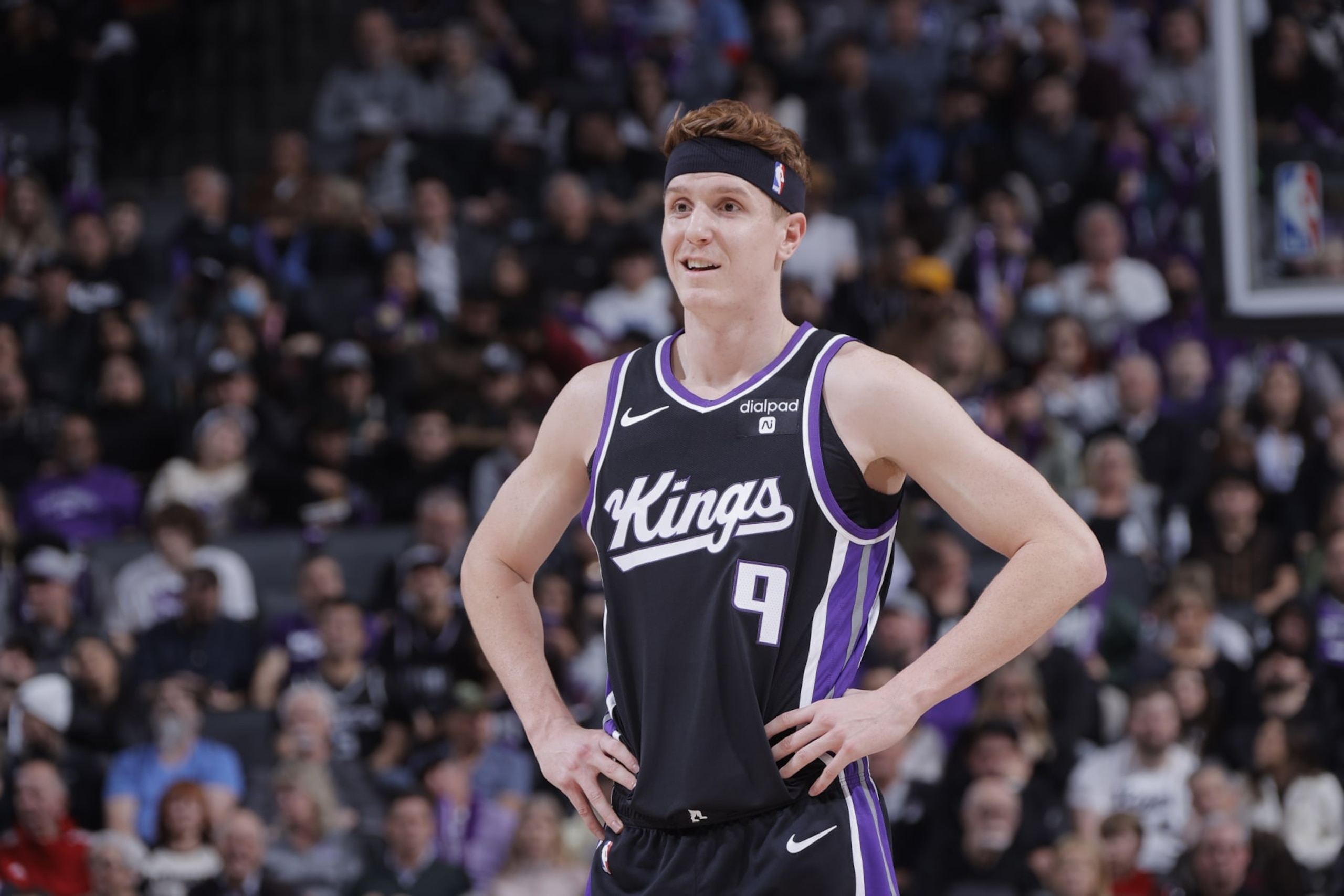 SACRAMENTO, CA - JANUARY 5: Kevin Huerter #9 of the Sacramento Kings smiles during the game against the Toronto Raptors on January 5, 2024 at Golden 1 Center in Sacramento, California. NOTE TO USER: User expressly acknowledges and agrees that, by downloading and or using this Photograph, user is consenting to the terms and conditions of the Getty Images License Agreement. Mandatory Copyright Notice: Copyright 2024 NBAE (Photo by Rocky Widner/NBAE via Getty Images) SACRAMENTO, CA - JANUARY 5: Kevin Huerter #9 of the Sacramento Kings smiles during the game against the Toronto Raptors on January 5, 2024 at Golden 1 Center in Sacramento, California. NOTE TO USER: User expressly acknowledges and agrees that, by downloading and or using this Photograph, user is consenting to the terms and conditions of the Getty Images License Agreement. Mandatory Copyright Notice: Copyright 2024 NBAE (Photo by Rocky Widner/NBAE via Getty Images)
