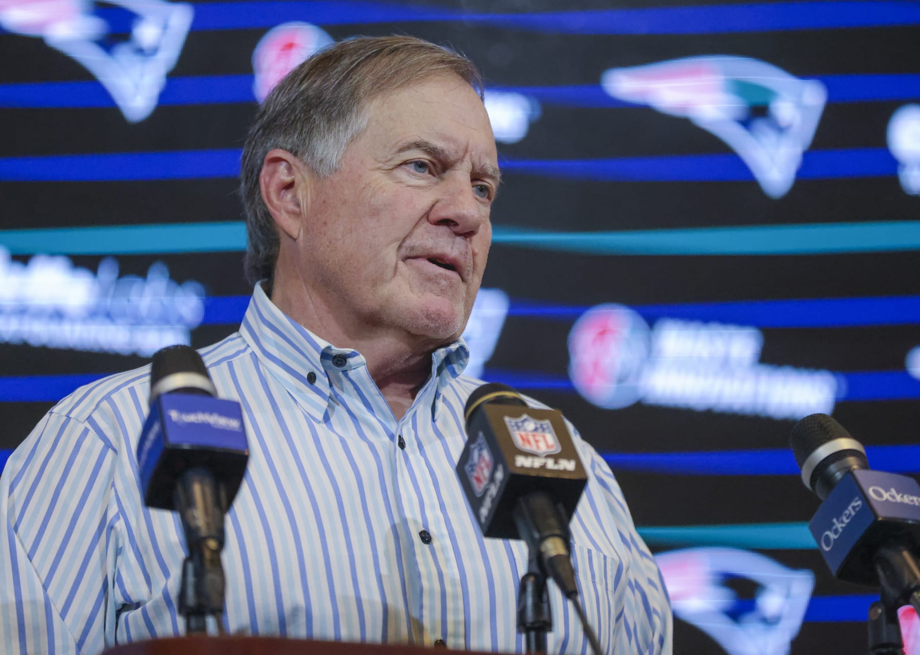 Foxborough, MA - January 7: New England Patriots head coach Bill Belichick talks to the media after the game. The Patriots lost to the New York Jets, 17-3. (Photo by Matthew J. Lee/The Boston Globe via Getty Images)