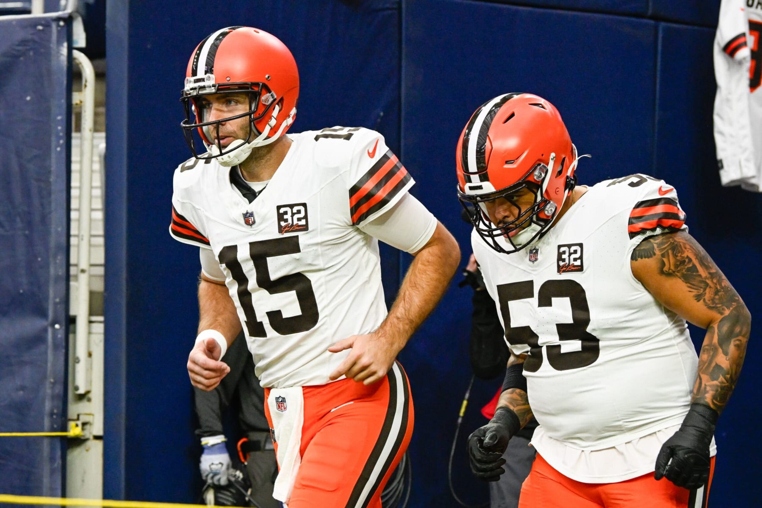 HOUSTON, TX - DECEMBER 24: Cleveland Browns quarterback Joe Flacco (15) and Cleveland Browns center Nick Harris (53) enter the field before the football game between the Cleveland Browns and Houston Texans at NRG Stadium on December 24, 2023 in Houston, Texas. (Photo by Ken Murray/Icon Sportswire via Getty Images)