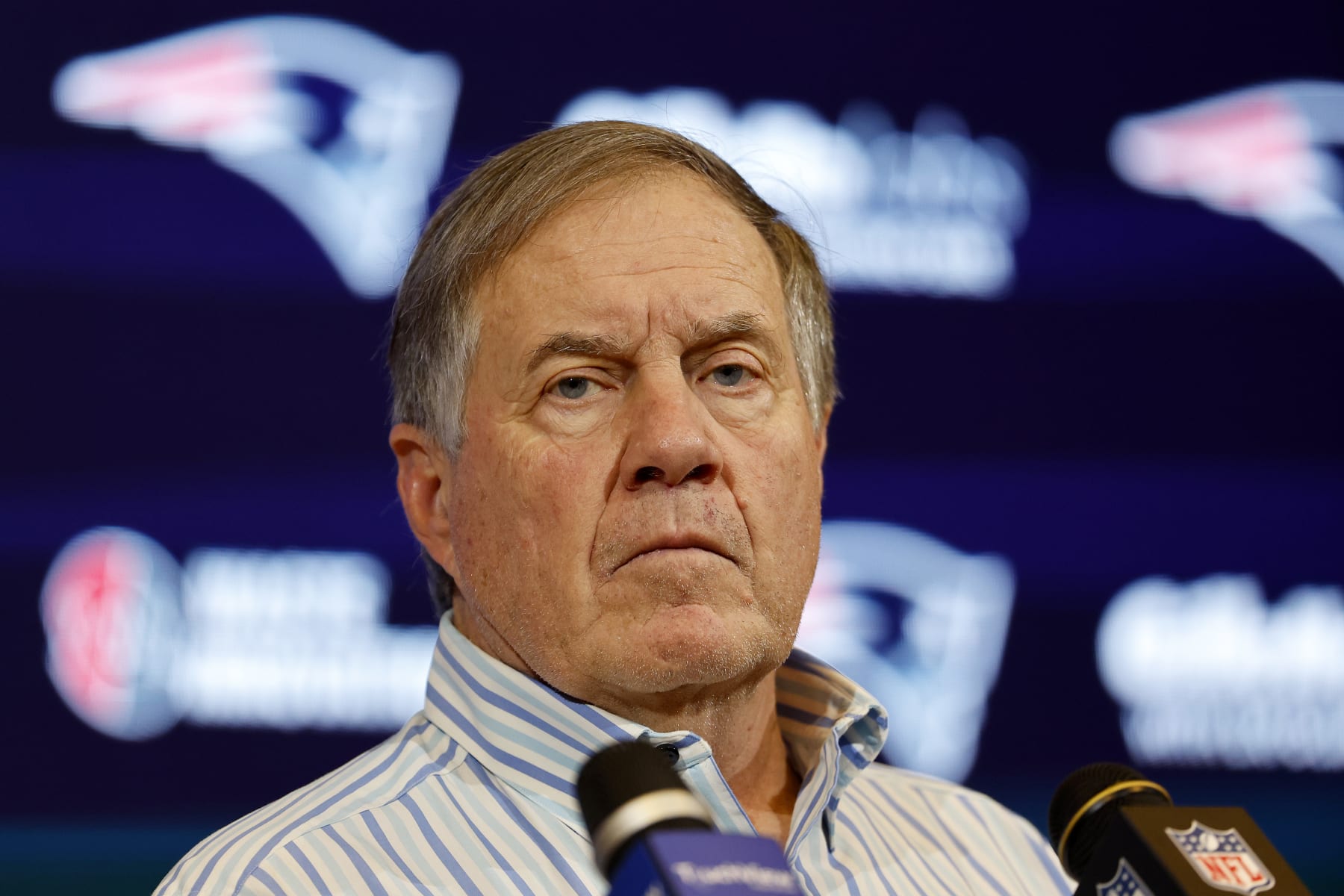 FOXBOROUGH, MASSACHUSETTS - JANUARY 07: New England Patriots head coach Bill Belichick speaks during a press conference after a game against the New York Jets at Gillette Stadium on January 07, 2024 in Foxborough, Massachusetts. (Photo by Winslow Townson/Getty Images)