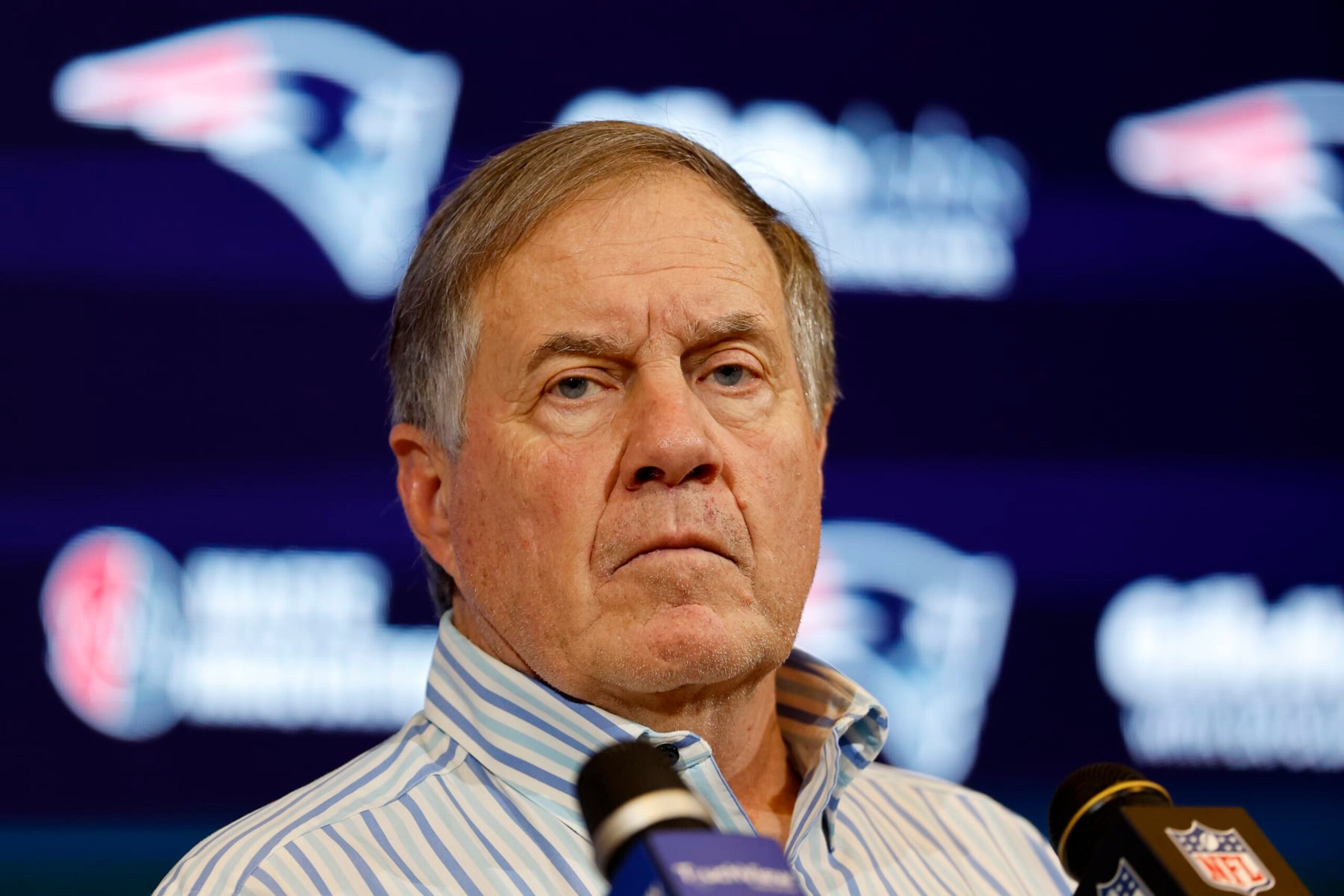 FOXBOROUGH, MASSACHUSETTS - JANUARY 07: New England Patriots head coach Bill Belichick speaks during a press conference after a game against the New York Jets at Gillette Stadium on January 07, 2024 in Foxborough, Massachusetts. (Photo by Winslow Townson/Getty Images)